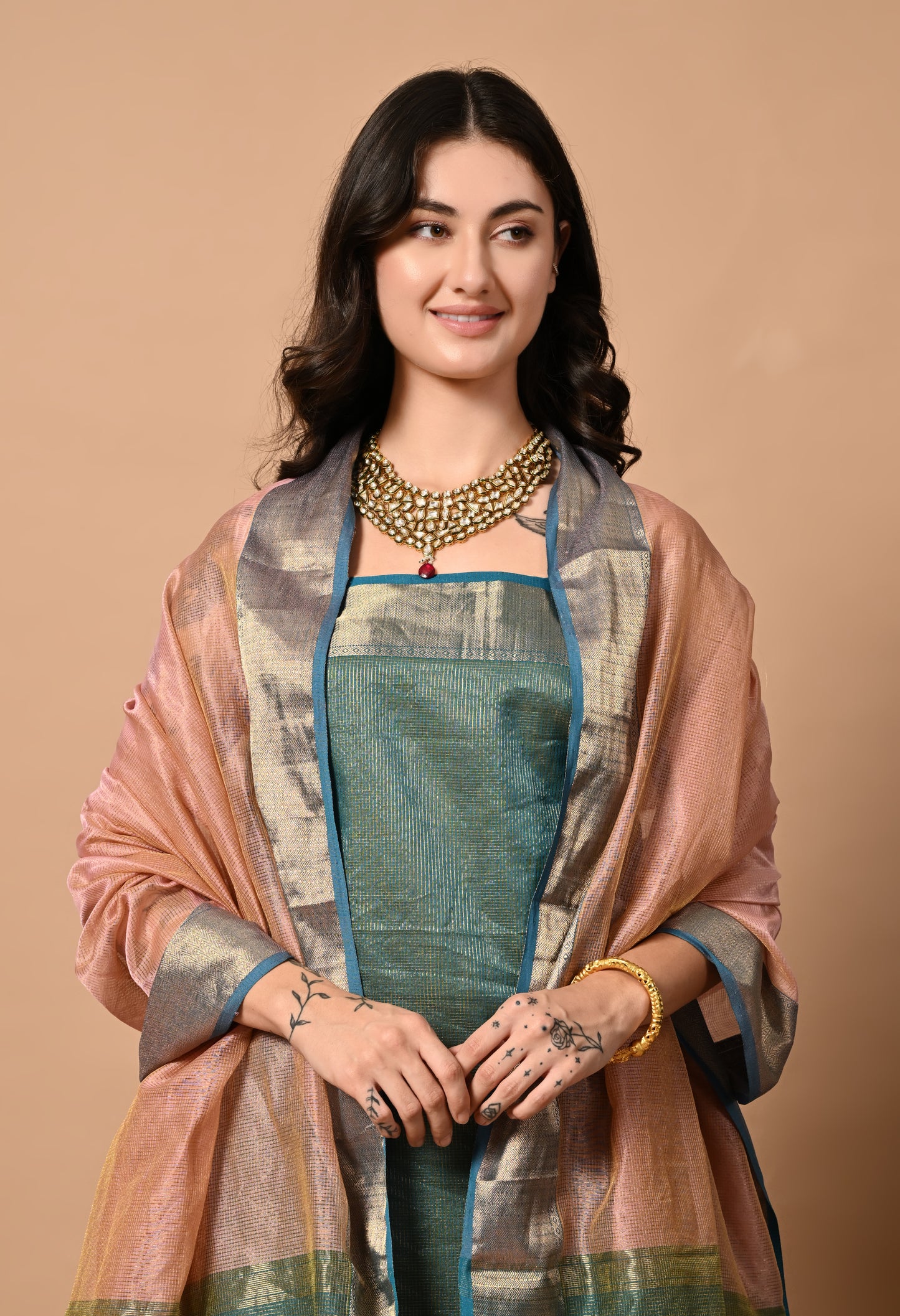 Blue Maheshwari Silk Handloom Kurta Material with Dupatta