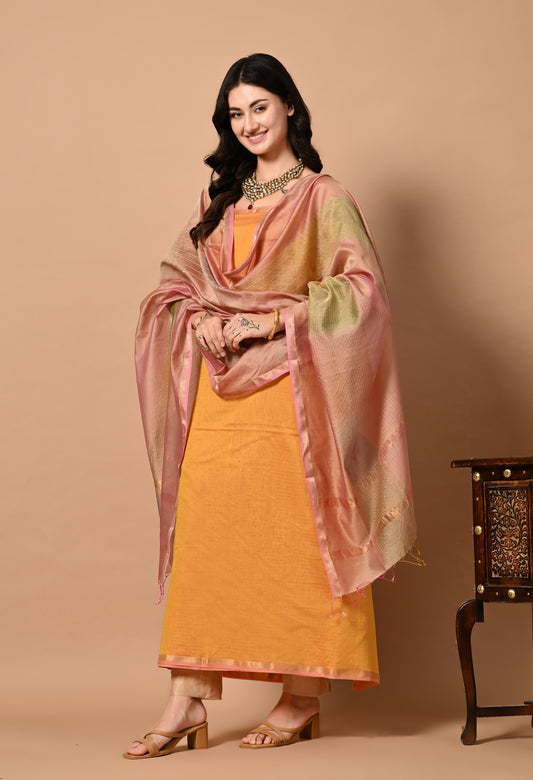 Orange Maheshwari Handloom Kurta Material with Pink Dupatta