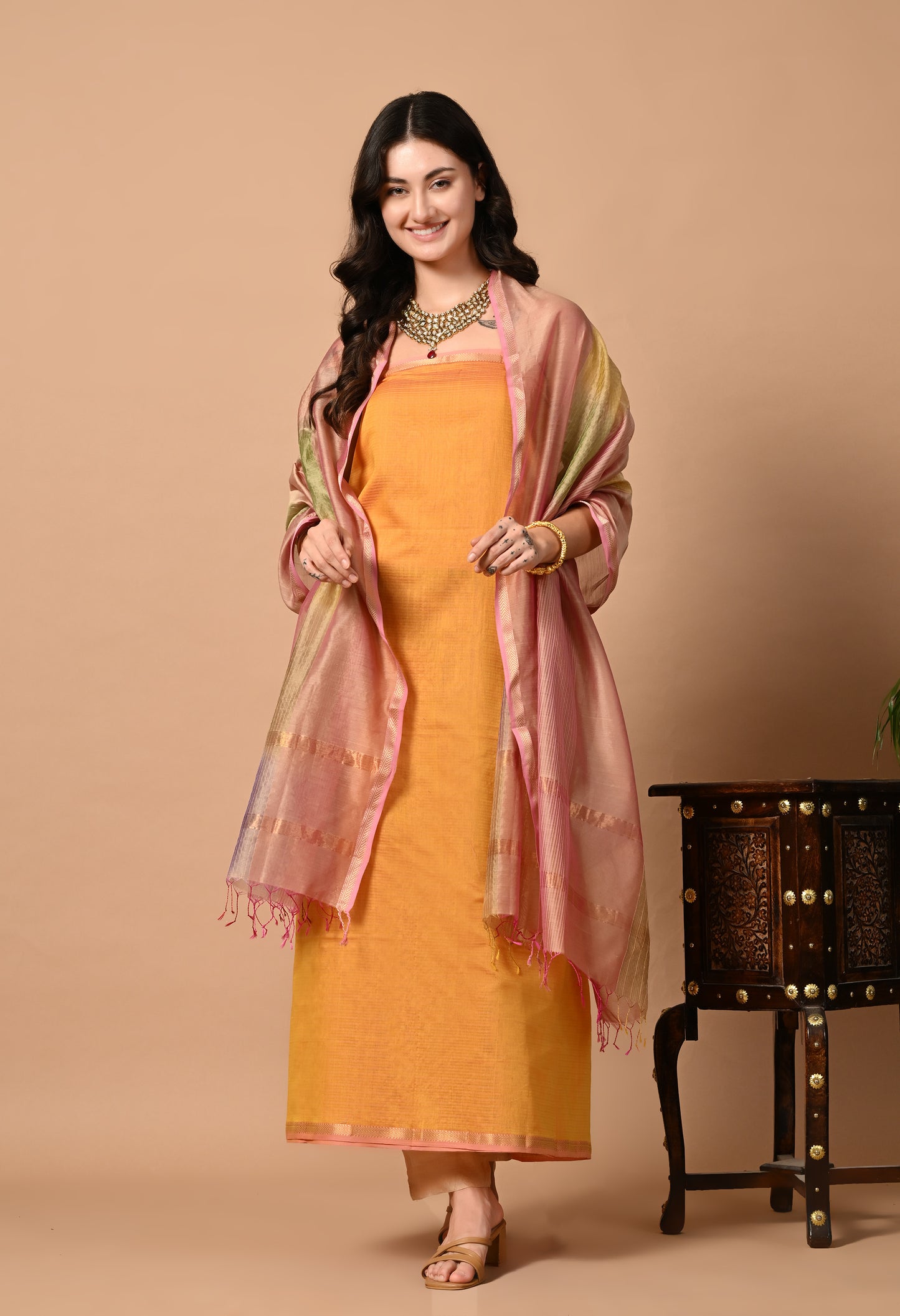 Orange Maheshwari Handloom Kurta Material with Pink Dupatta