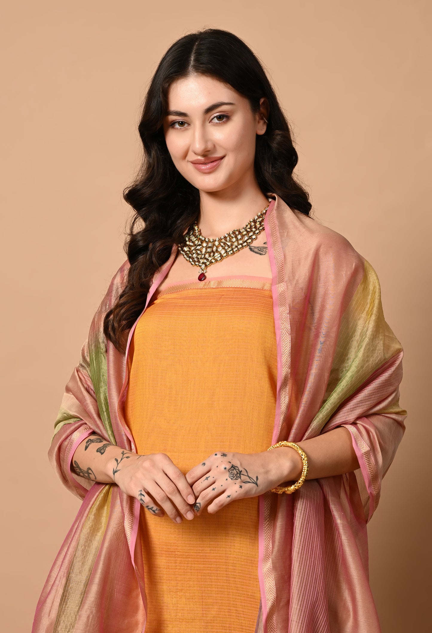 Orange Maheshwari Handloom Kurta Material with Pink Dupatta