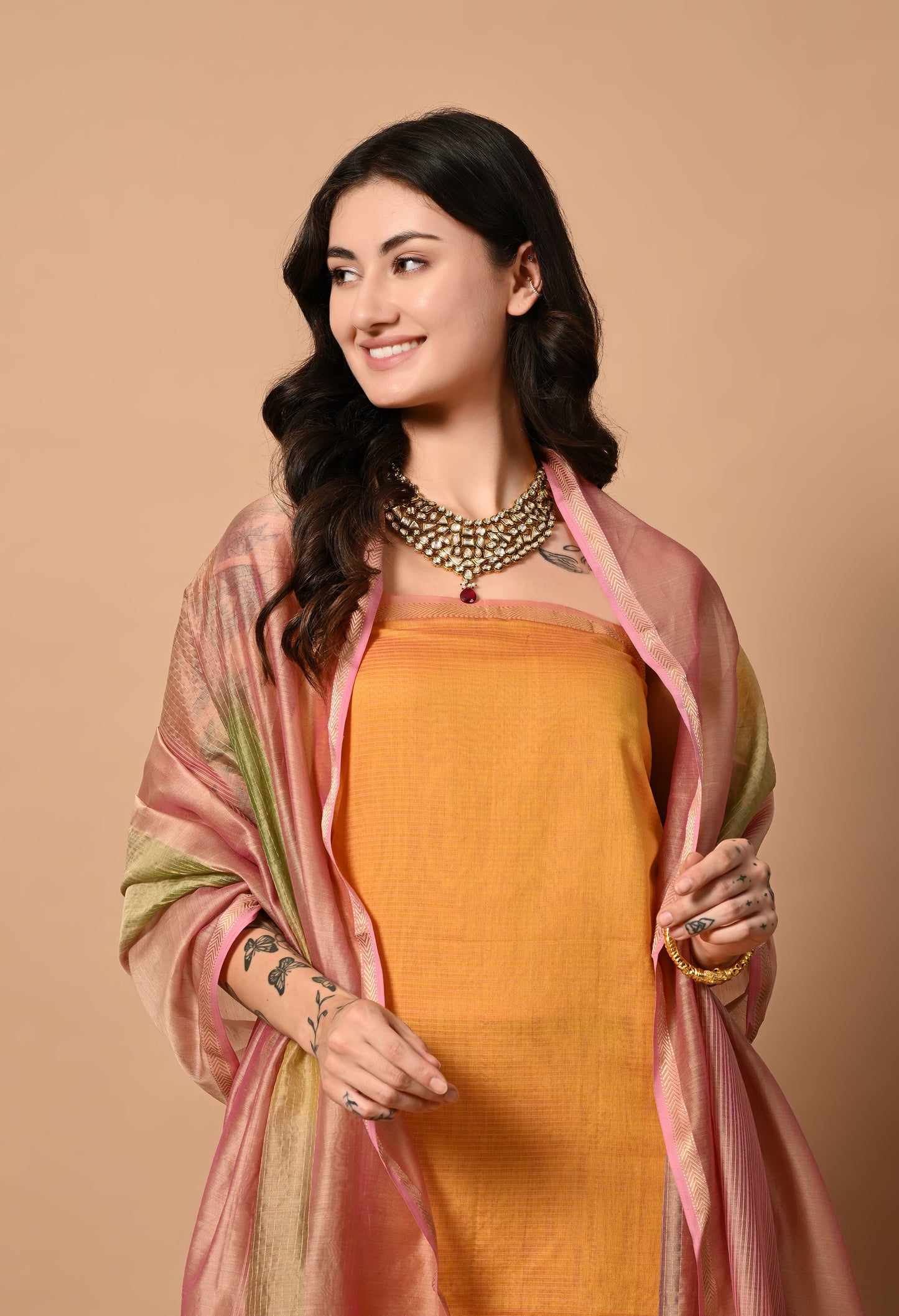 Orange Maheshwari Handloom Kurta Material with Pink Dupatta