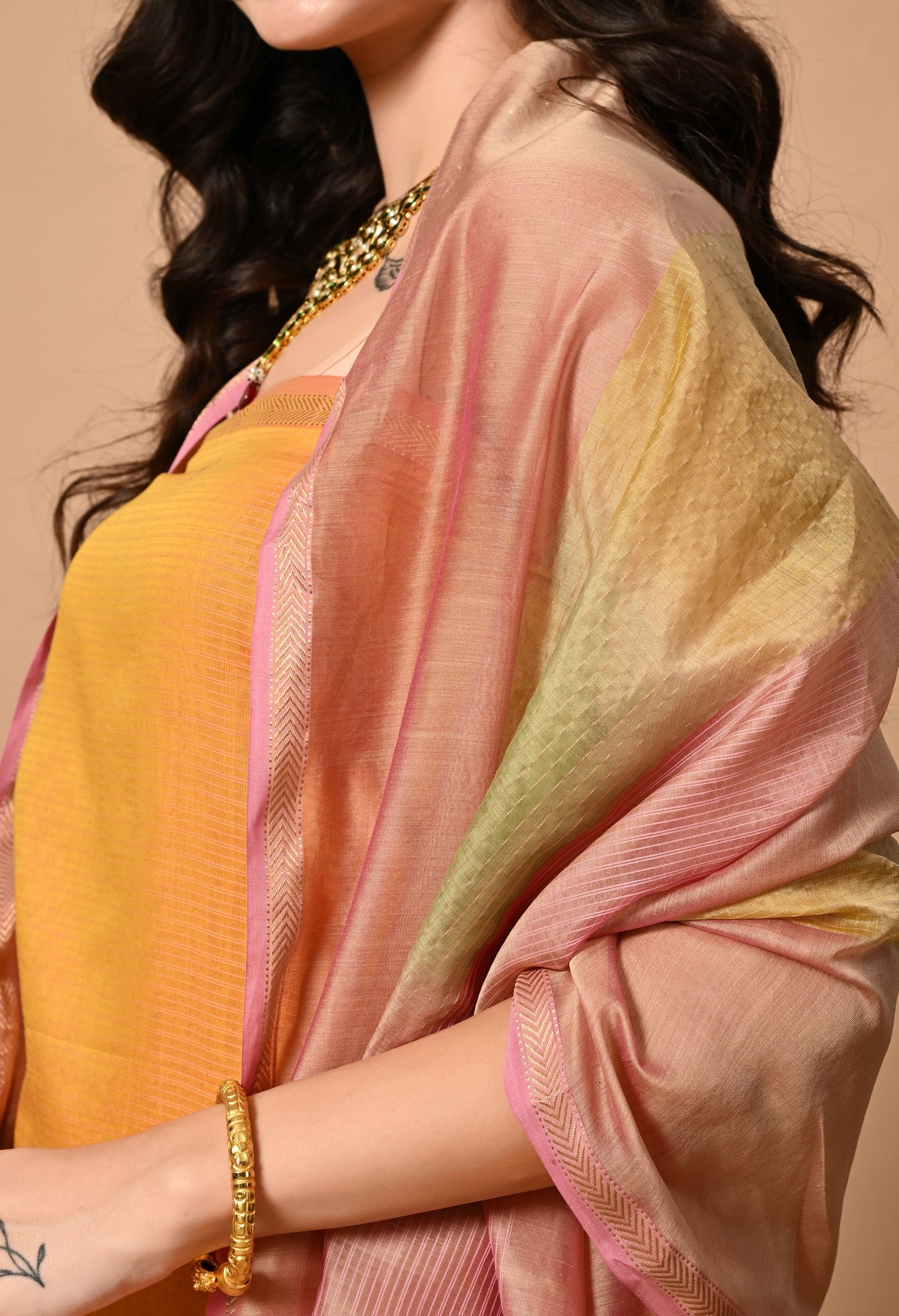 Orange Maheshwari Handloom Kurta Material with Pink Dupatta