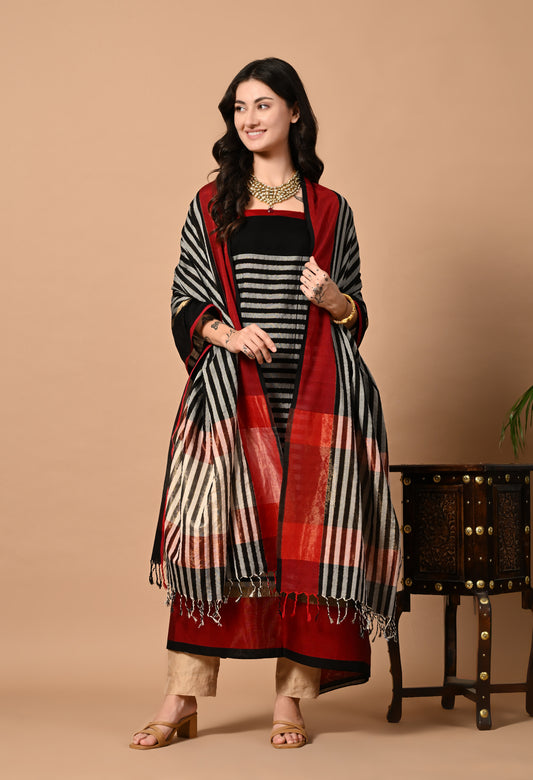 Black Maheshwari Handloom Kurta with Dupatta