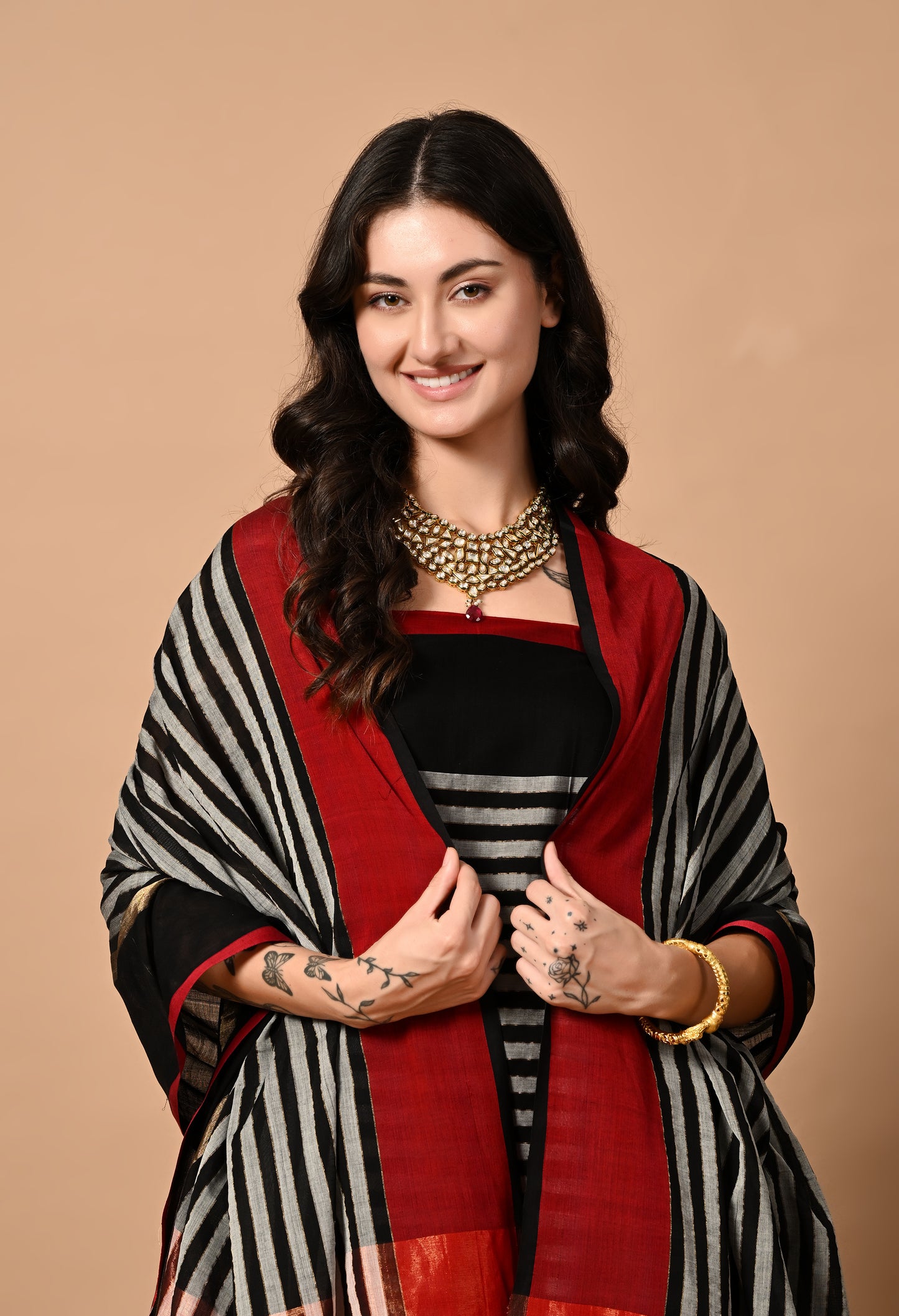 Black Maheshwari Handloom Kurta with Dupatta