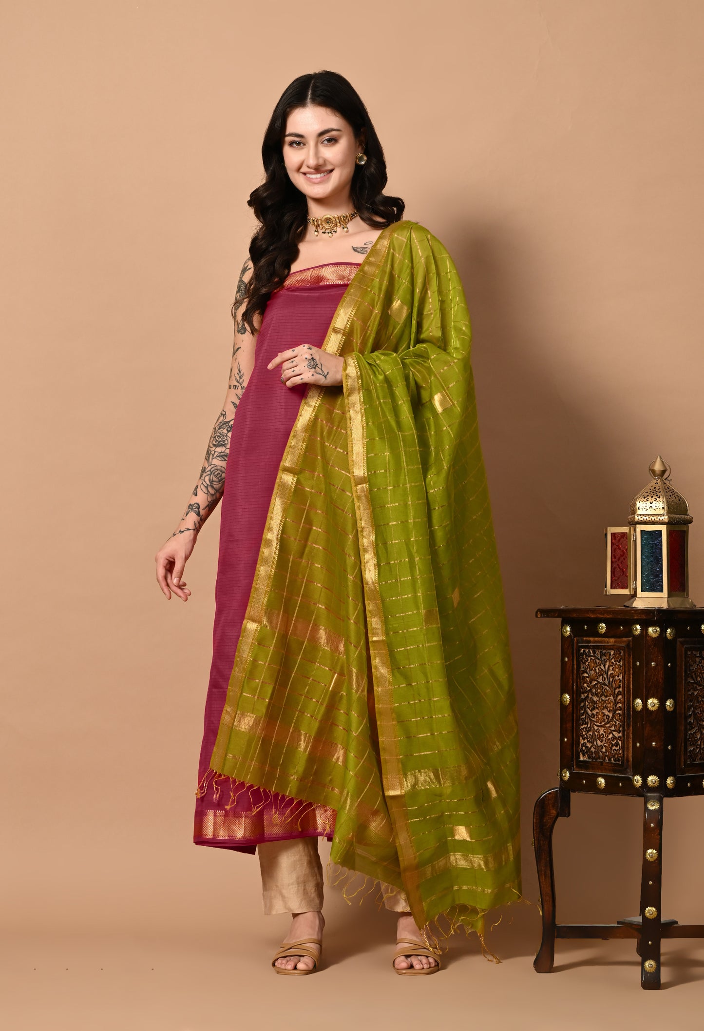 Magenta Maheshwari Handloom Silk and Cotton Kurta Material with Dupatta