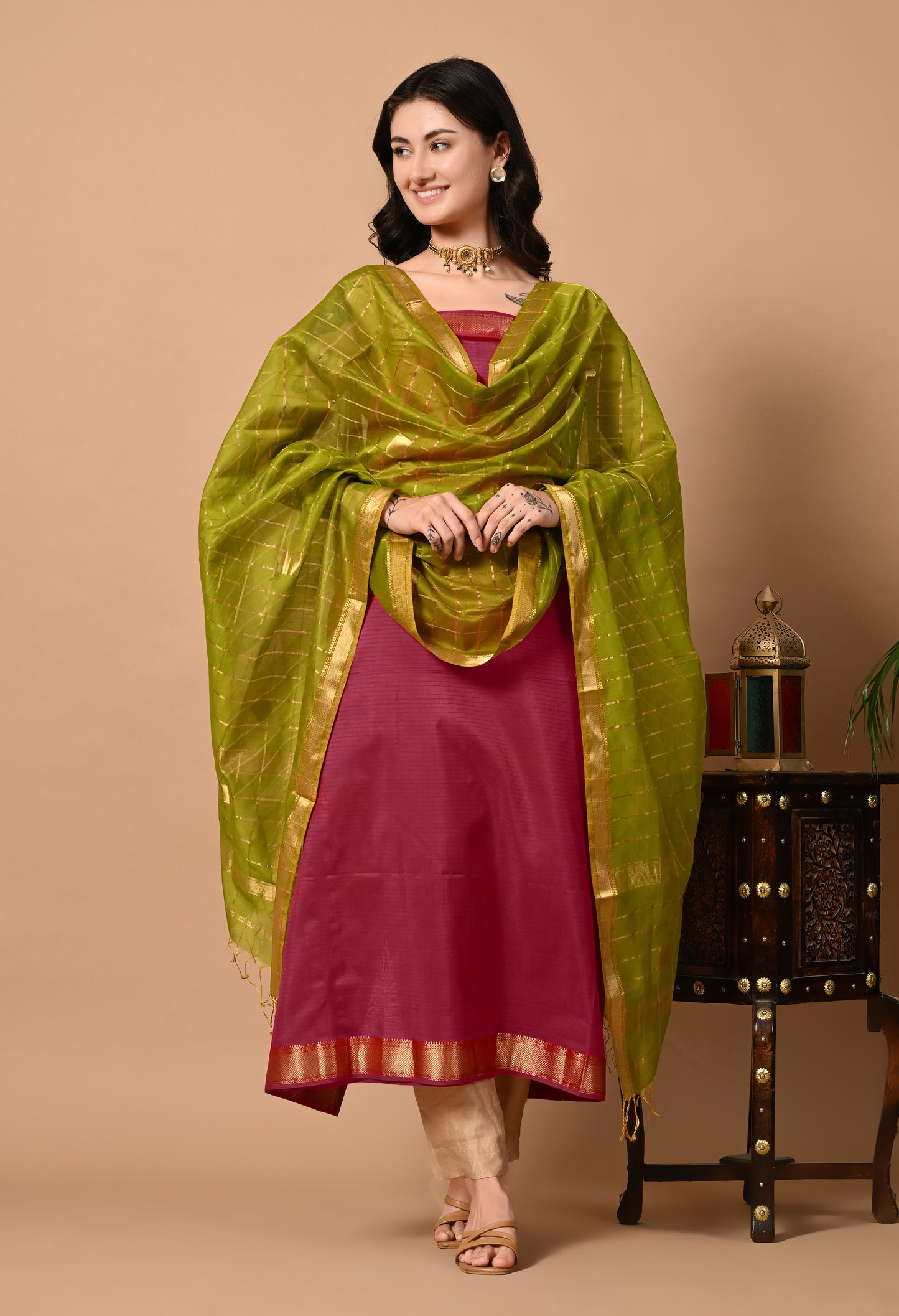 Magenta Maheshwari Handloom Silk and Cotton Kurta Material with Dupatta