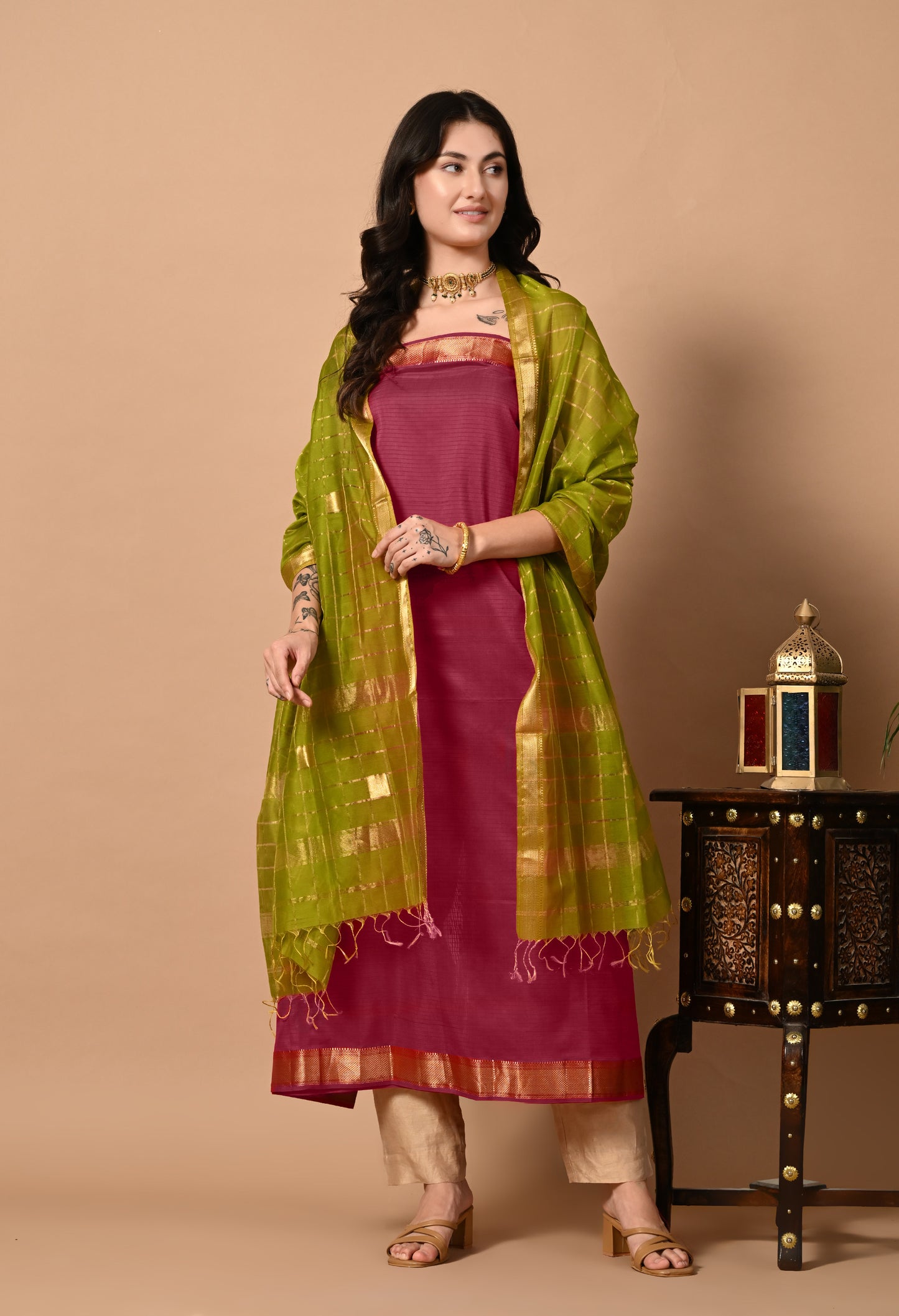 Magenta Maheshwari Handloom Silk and Cotton Kurta Material with Dupatta