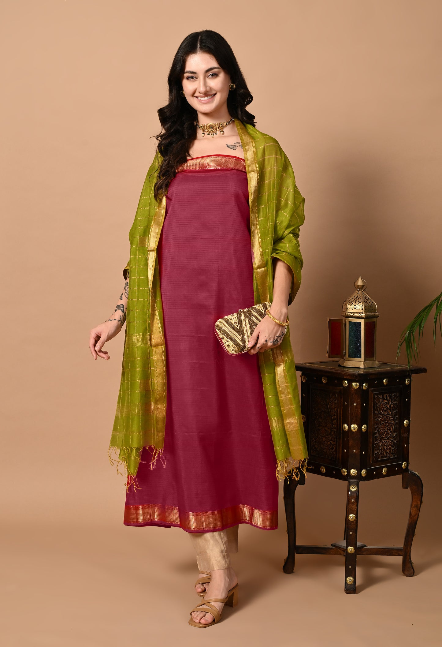 Magenta Maheshwari Handloom Silk and Cotton Kurta Material with Dupatta