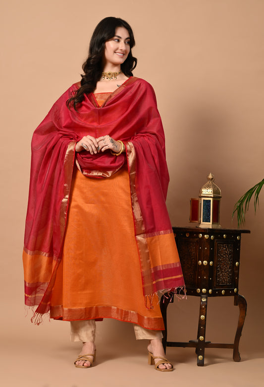 Orange Maheshwari Handloom Kurta Material with Dupatta