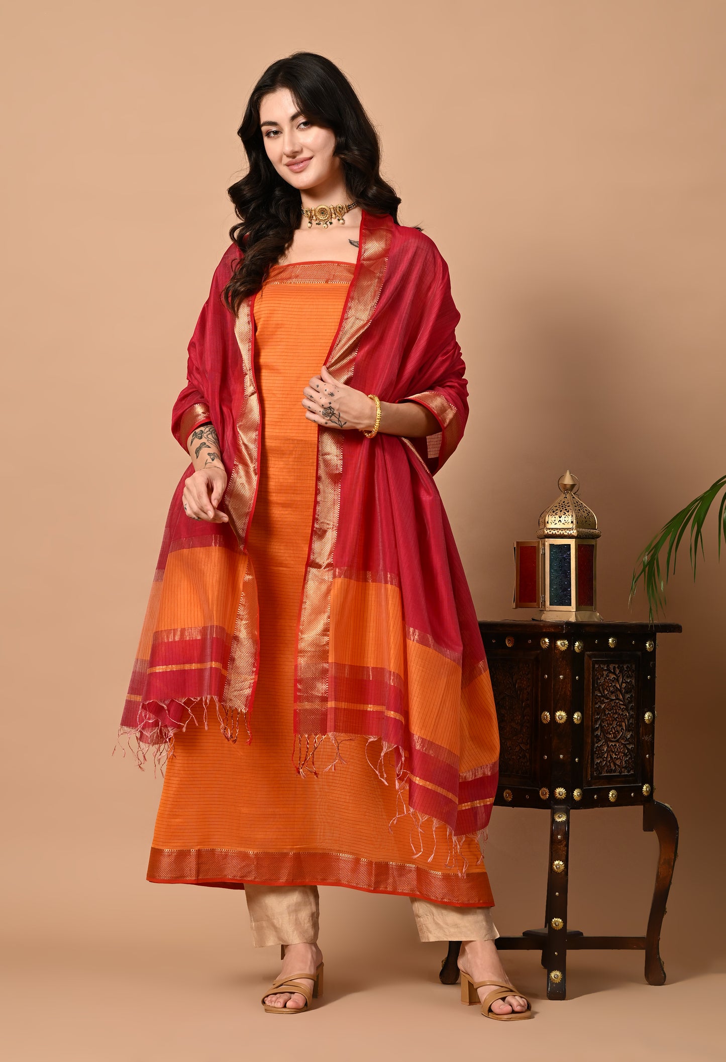 Orange Maheshwari Handloom Kurta Material with Dupatta