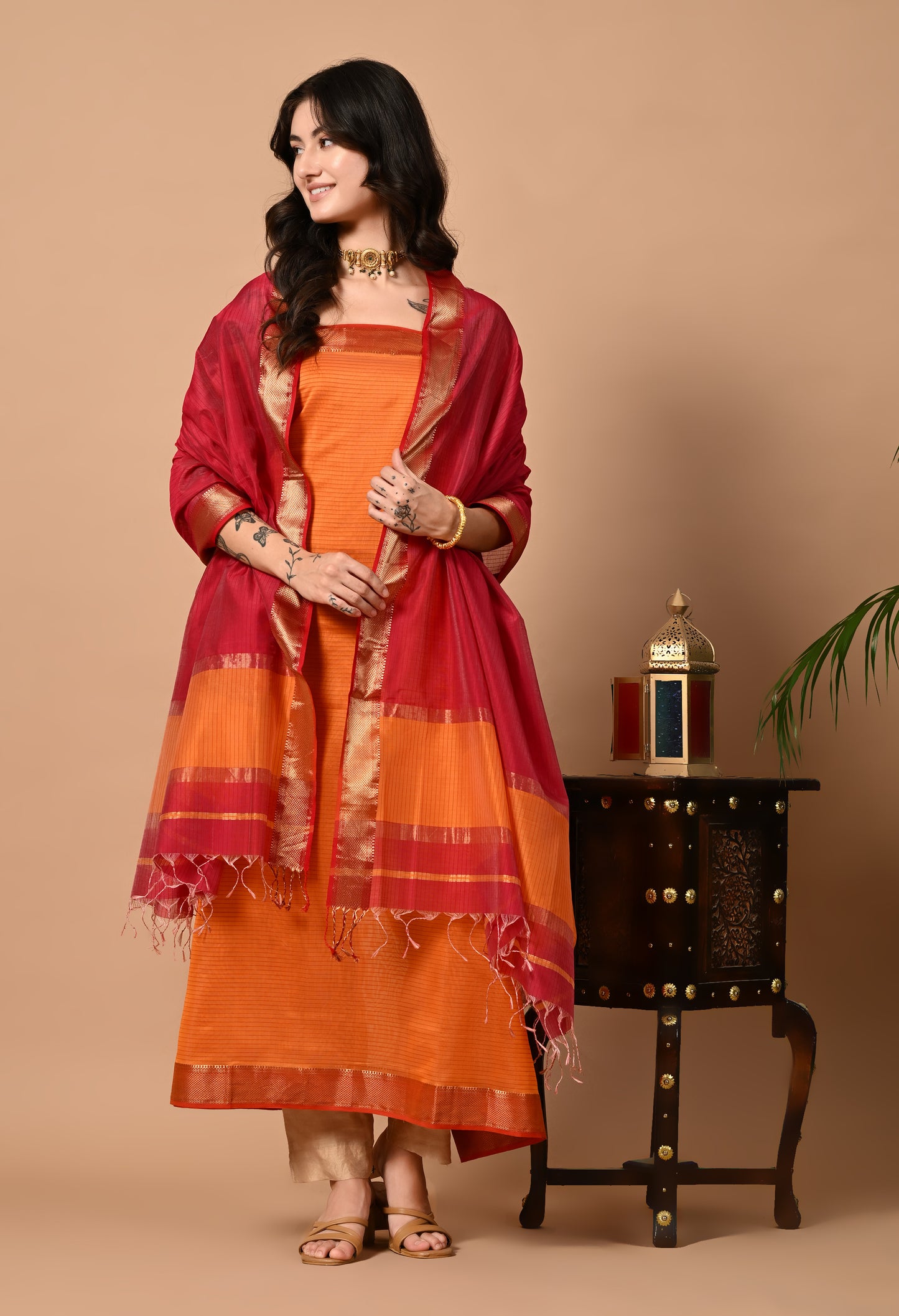 Orange Maheshwari Handloom Kurta Material with Dupatta