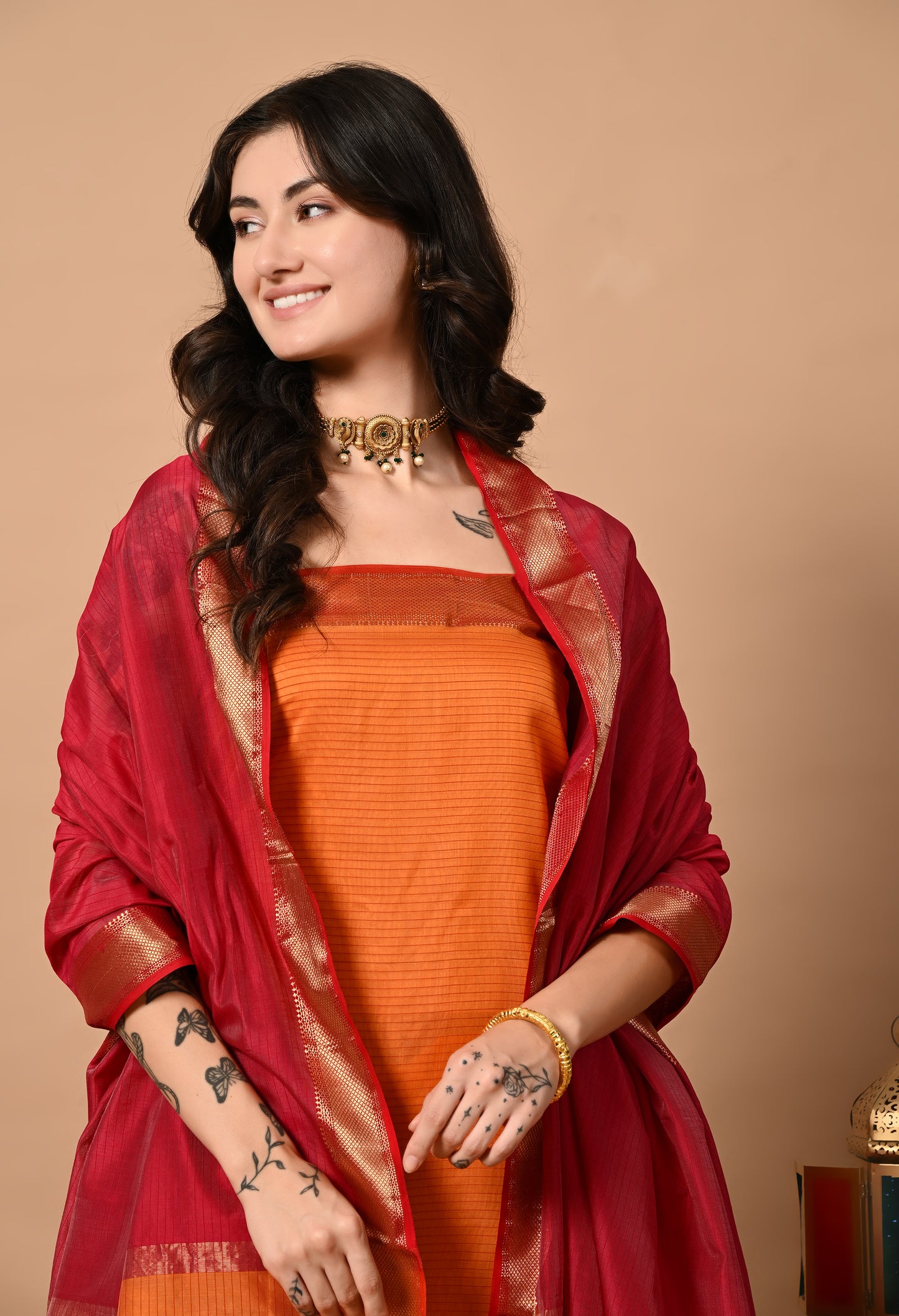 Orange Maheshwari Handloom Kurta Material with Dupatta