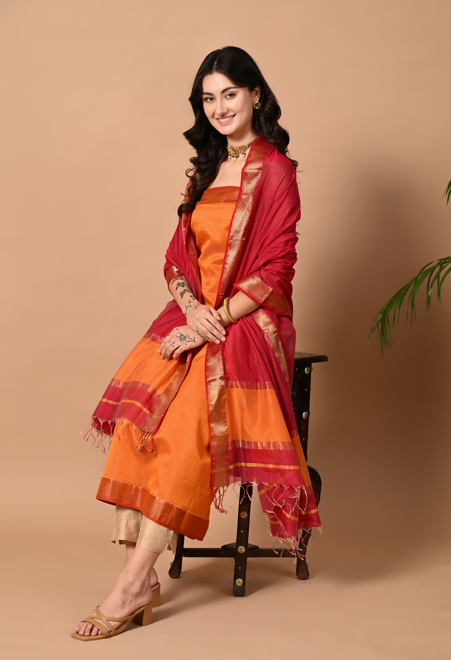 Orange Maheshwari Handloom Kurta Material with Dupatta