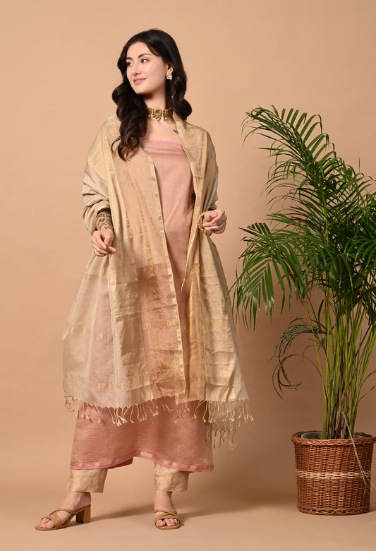 Pink Maheshwari Handloom Kurta with Golden Dupatta