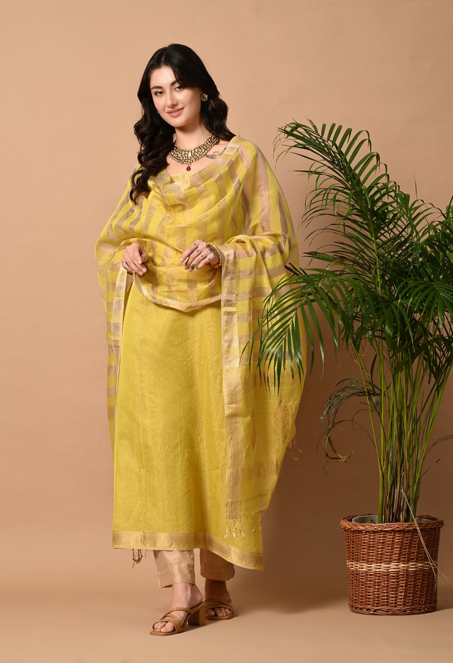 Yellow Maheshwari Handloom Silk ,Zari and Cotton Kurta Material with Dupatta