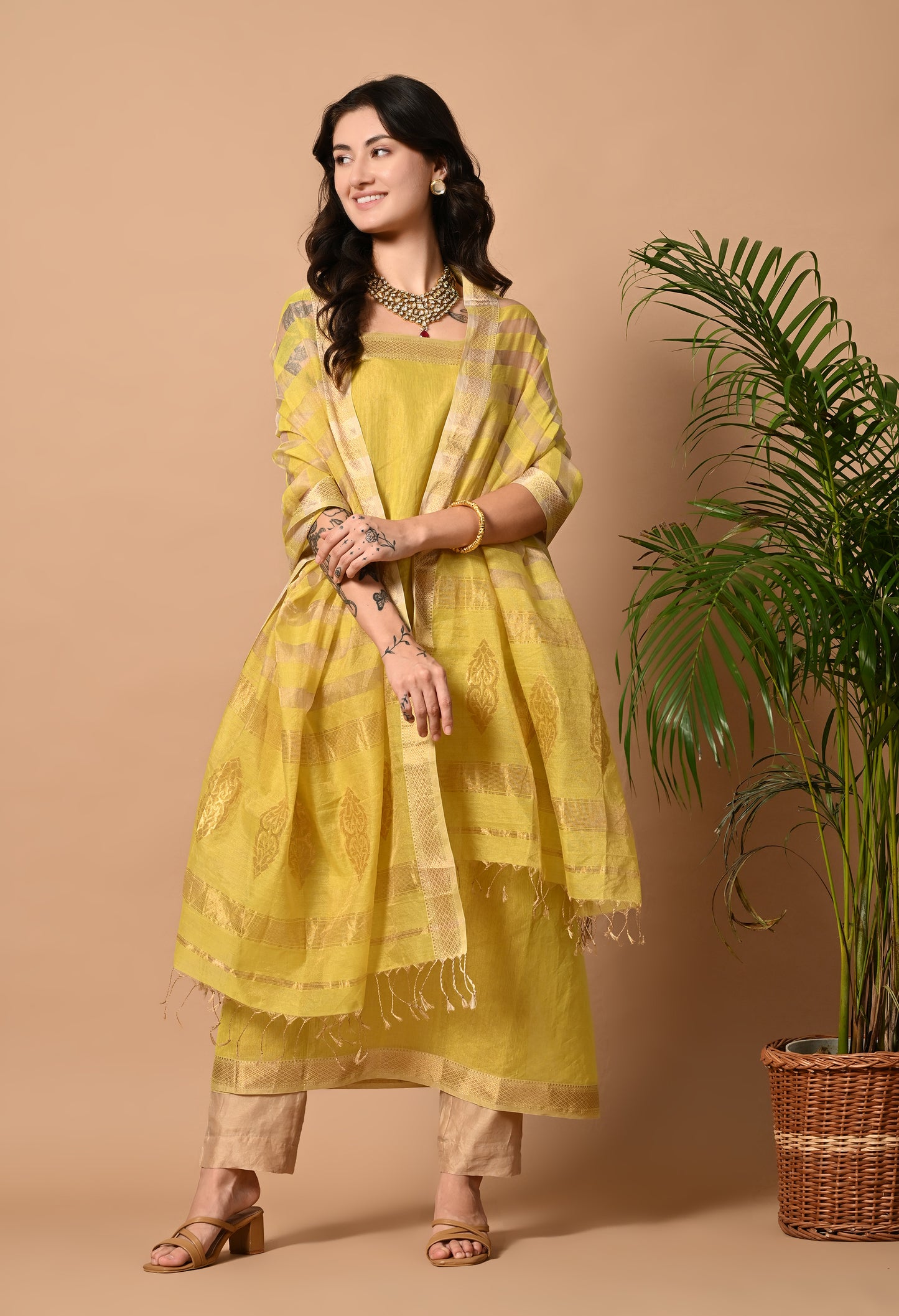 Yellow Maheshwari Handloom Silk ,Zari and Cotton Kurta Material with Dupatta