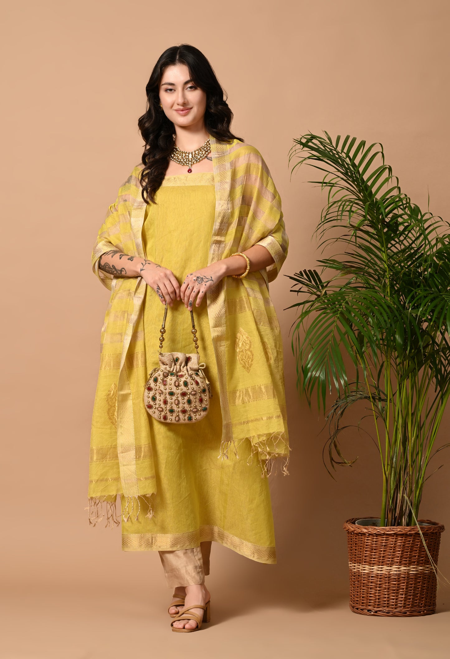 Yellow Maheshwari Handloom Silk ,Zari and Cotton Kurta Material with Dupatta