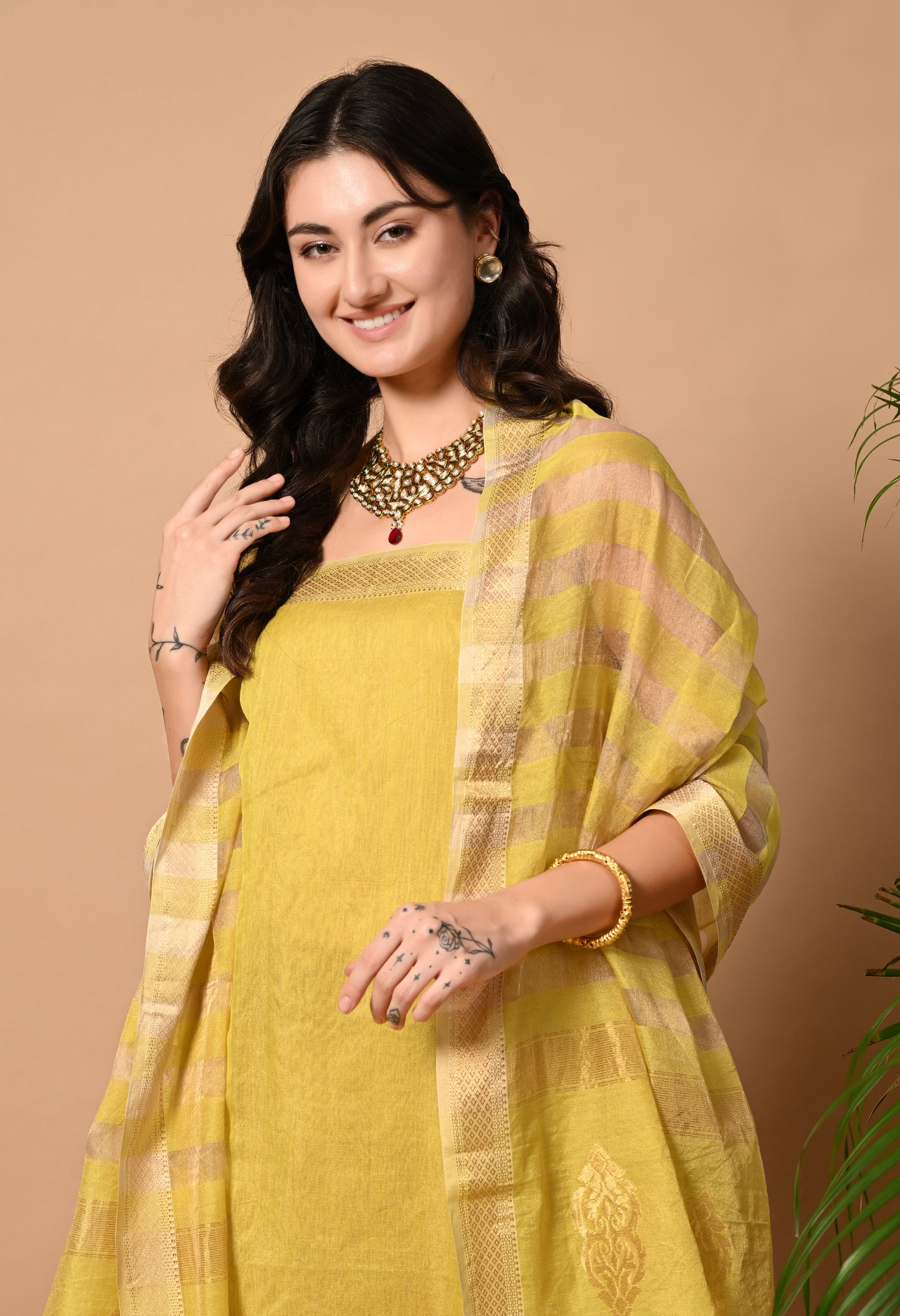 Yellow Maheshwari Handloom Silk ,Zari and Cotton Kurta Material with Dupatta