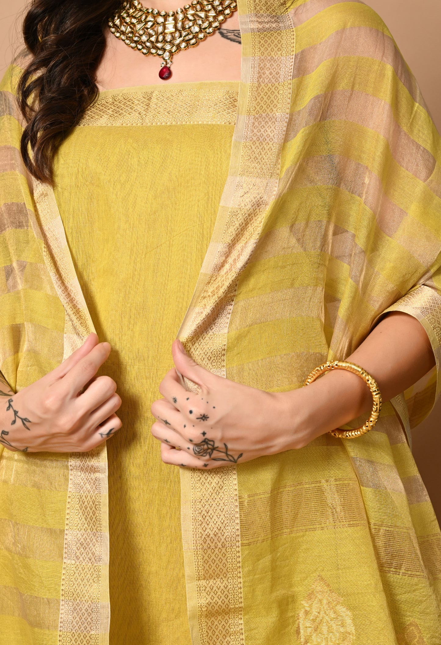 Yellow Maheshwari Handloom Silk ,Zari and Cotton Kurta Material with Dupatta