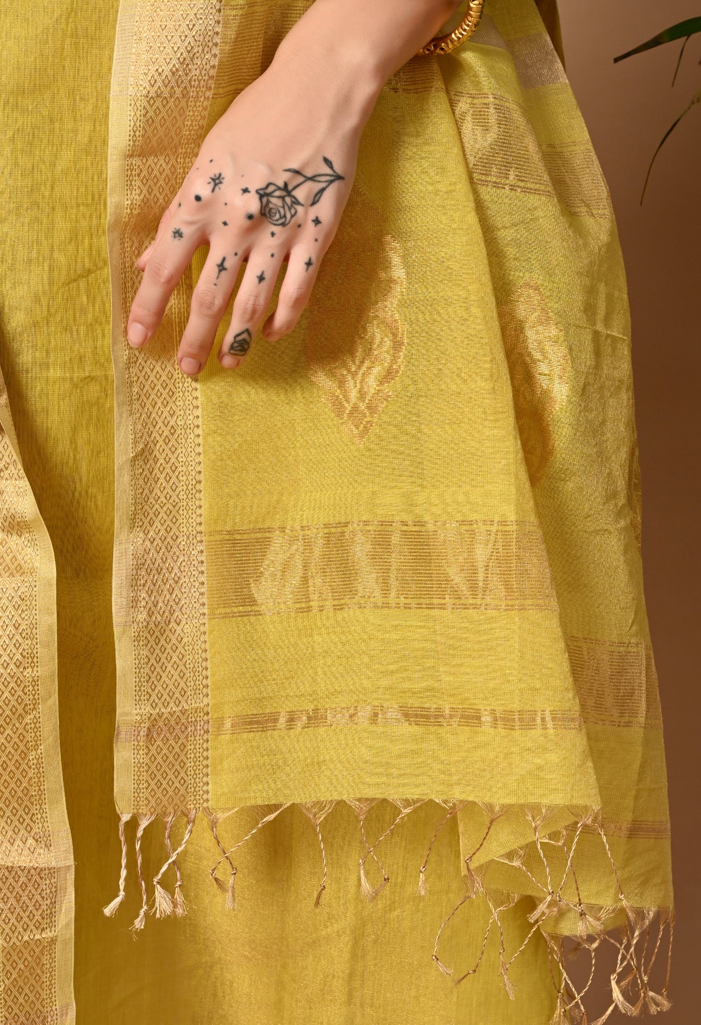 Yellow Maheshwari Handloom Silk ,Zari and Cotton Kurta Material with Dupatta