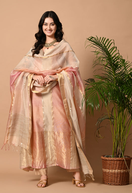 Bej and Pink Maheshwari Silk ,Zari and Cotton Handloom Kurta Material with Dupatta