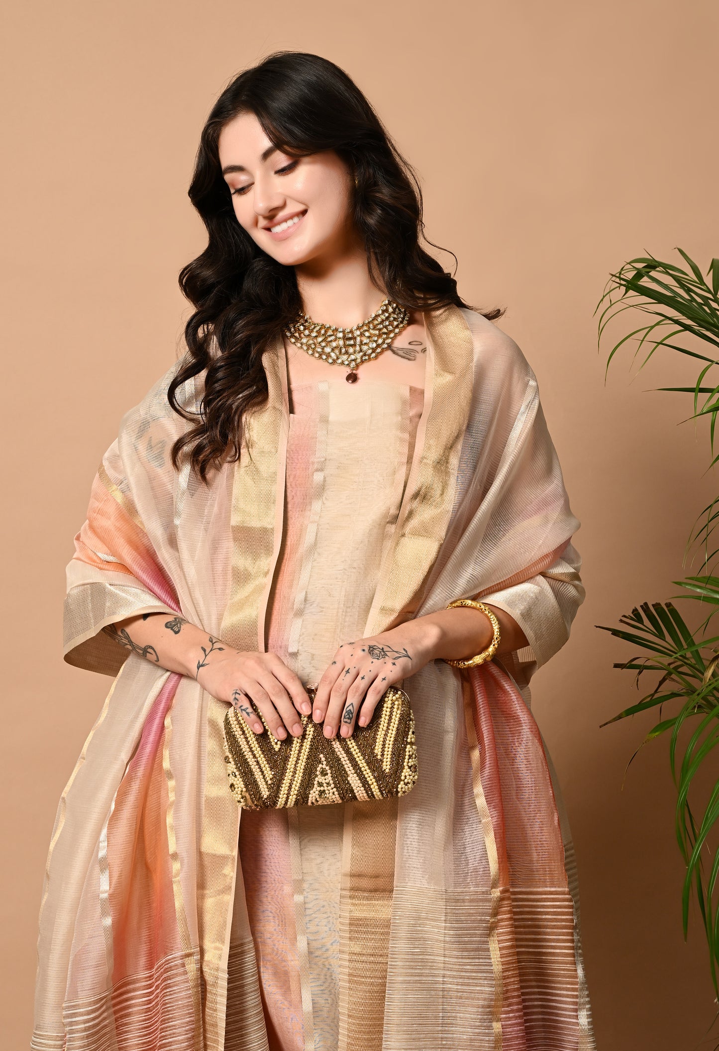 Bej and Pink Maheshwari Silk ,Zari and Cotton Handloom Kurta Material with Dupatta