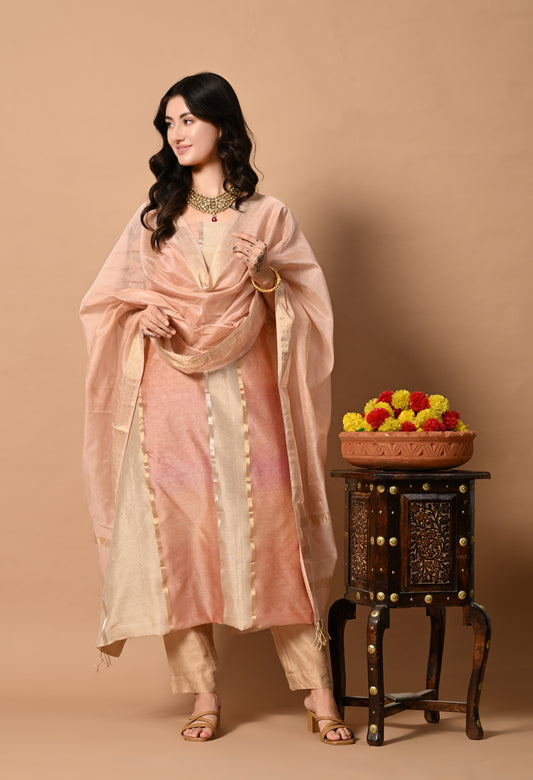 Bej Maheshwari Silk,Zari and Cotton Handloom Kurta Material with Pink Dupatta