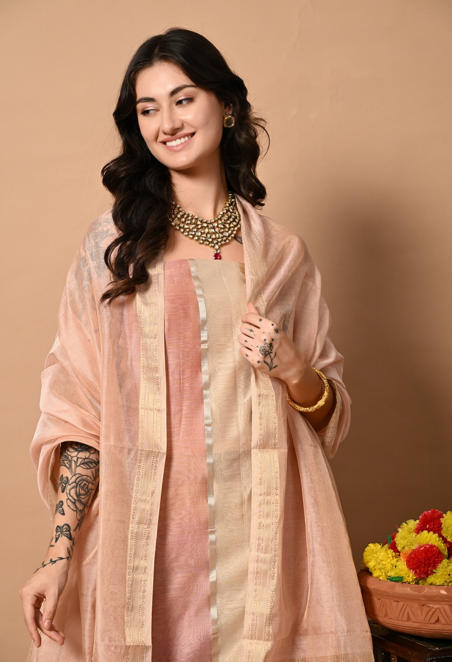 Bej Maheshwari Silk,Zari and Cotton Handloom Kurta Material with Pink Dupatta