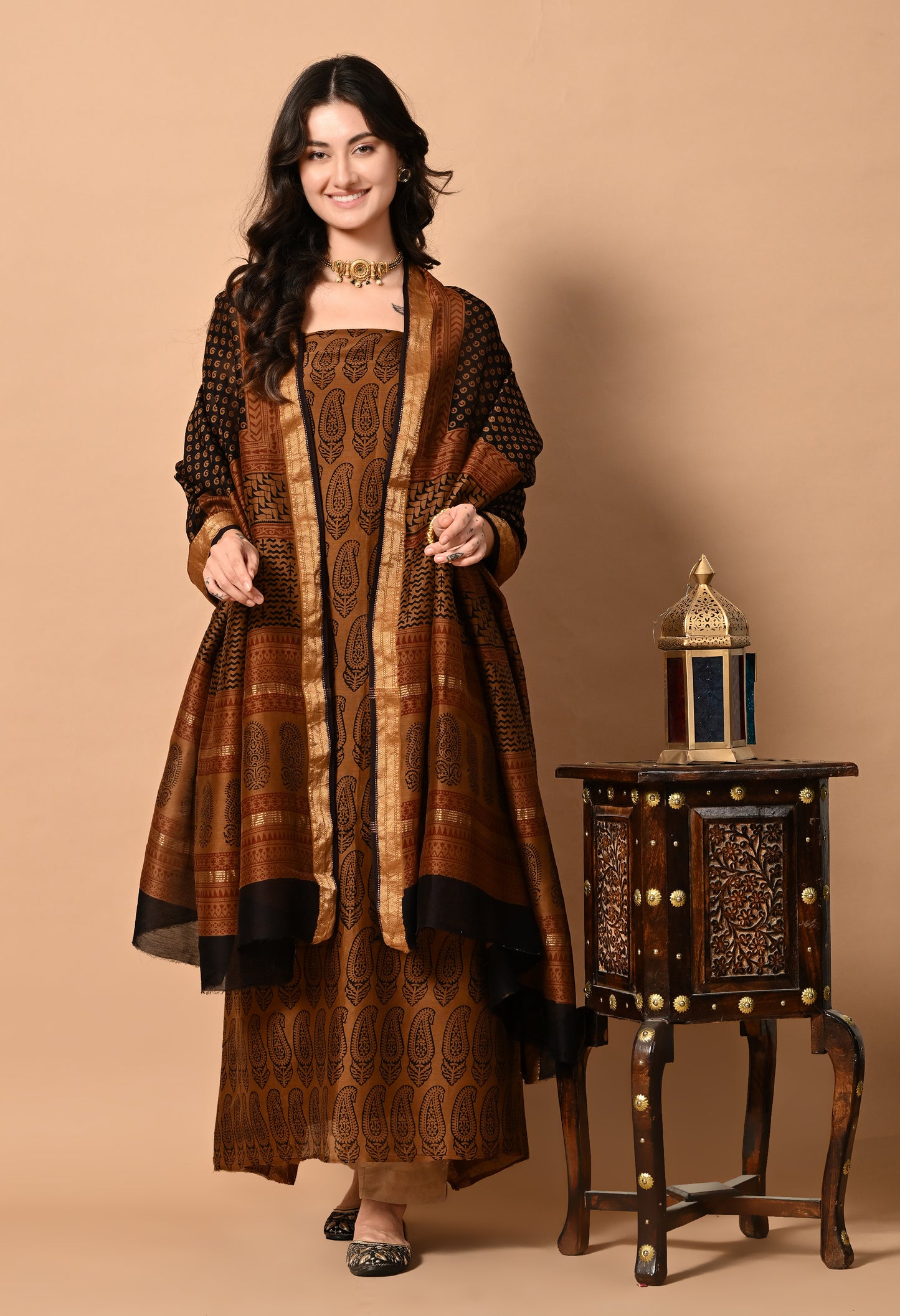 Black Bagh Hand Block Printed  Silk Cotton Handloom Kurta Material and Dupatta