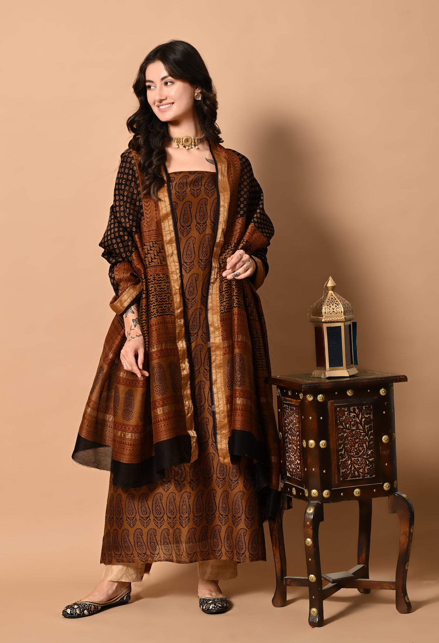 Black Bagh Hand Block Printed  Silk Cotton Handloom Kurta Material and Dupatta