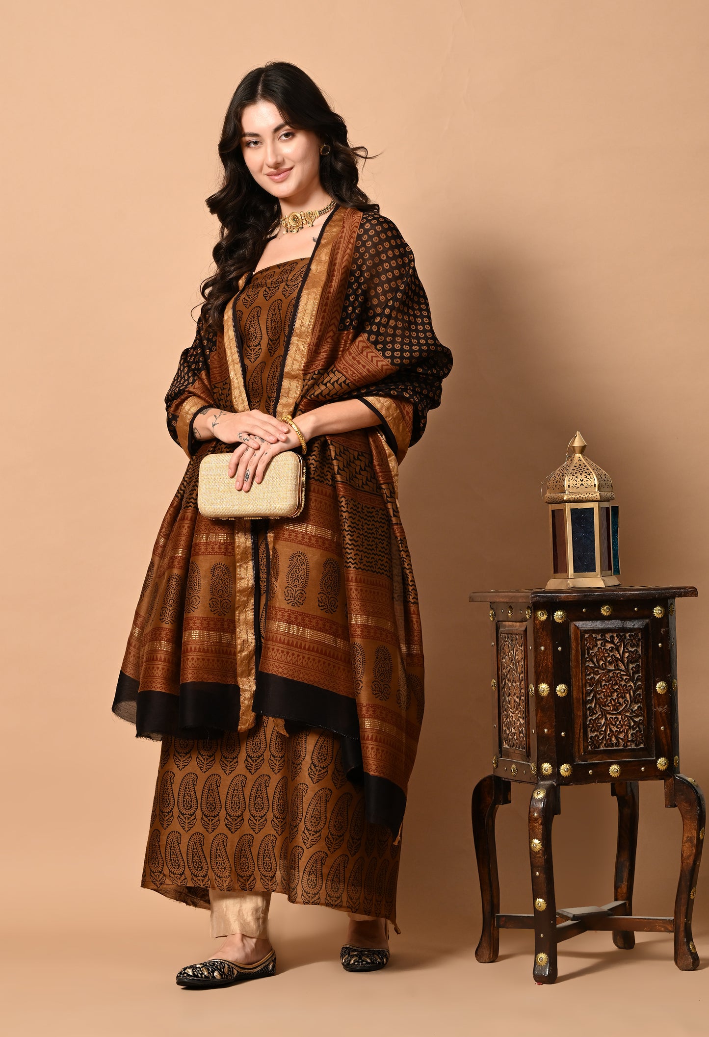 Black Bagh Hand Block Printed  Silk Cotton Handloom Kurta Material and Dupatta