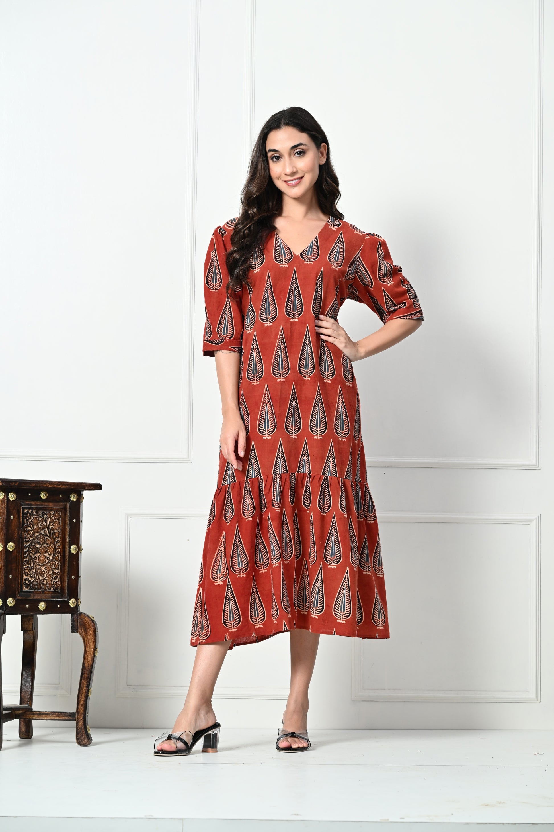 Maroon Ajrakh Handblock Printed Long Dress