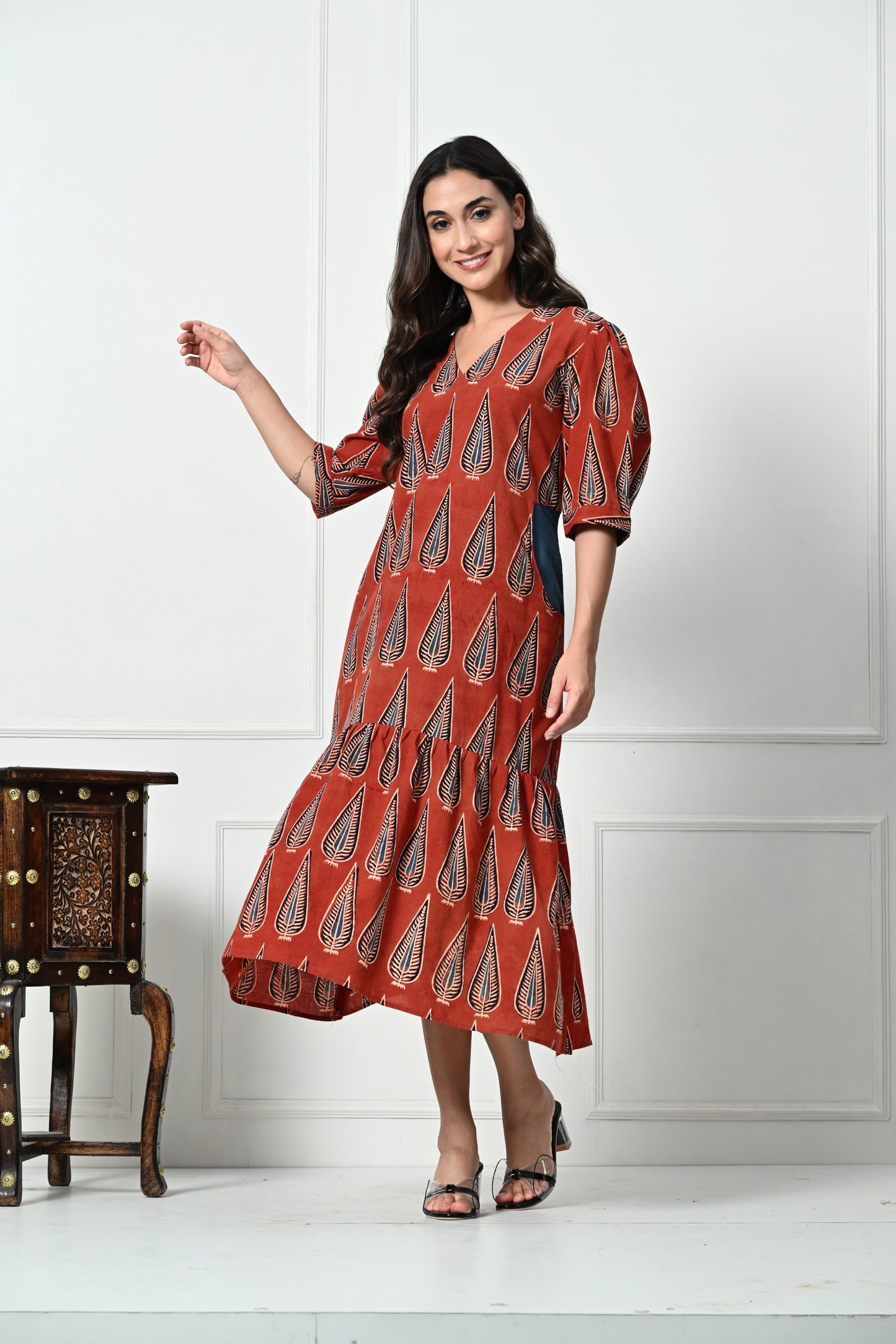 Maroon Ajrakh Handblock Printed Long Dress