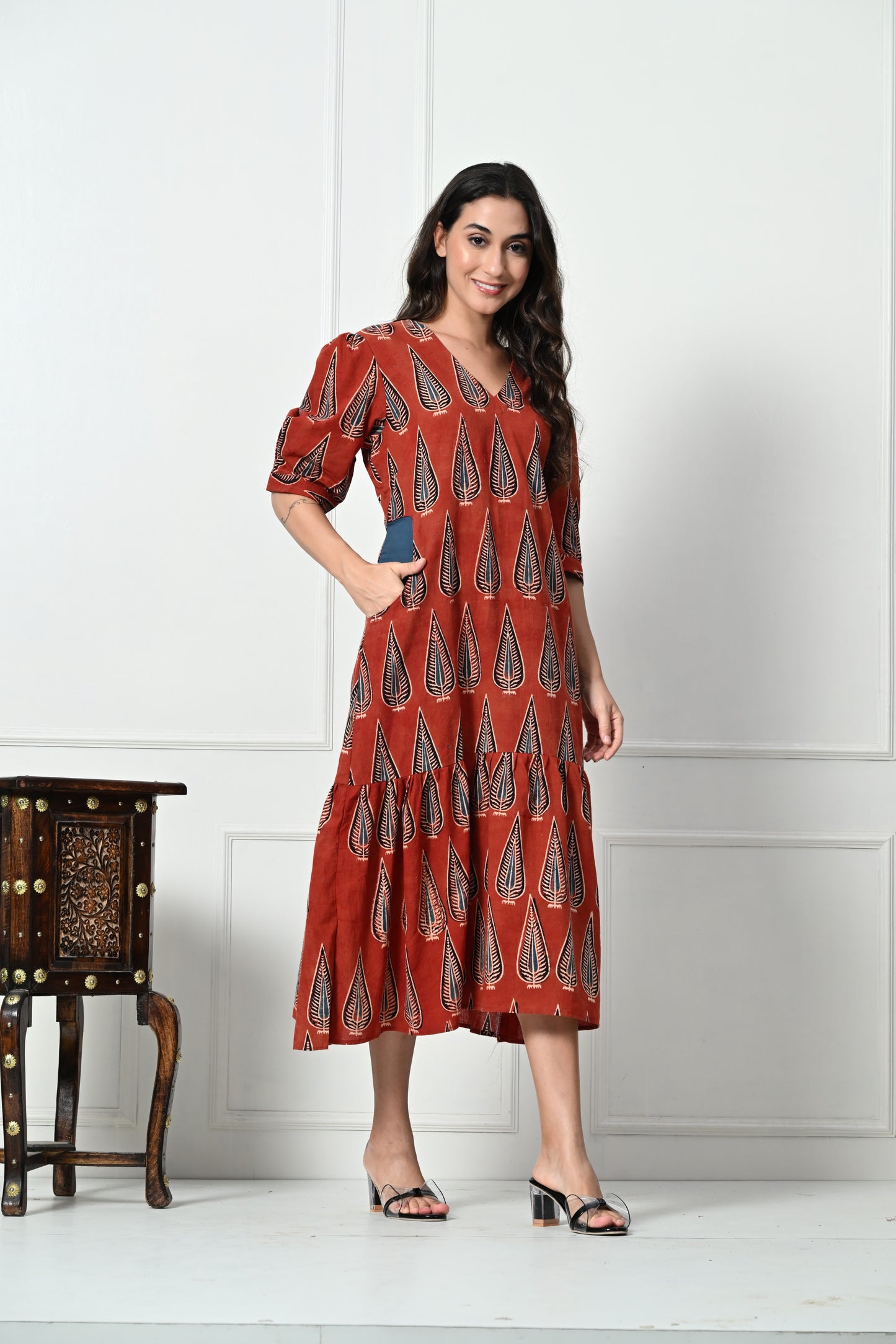 Maroon Ajrakh Handblock Printed Long Dress