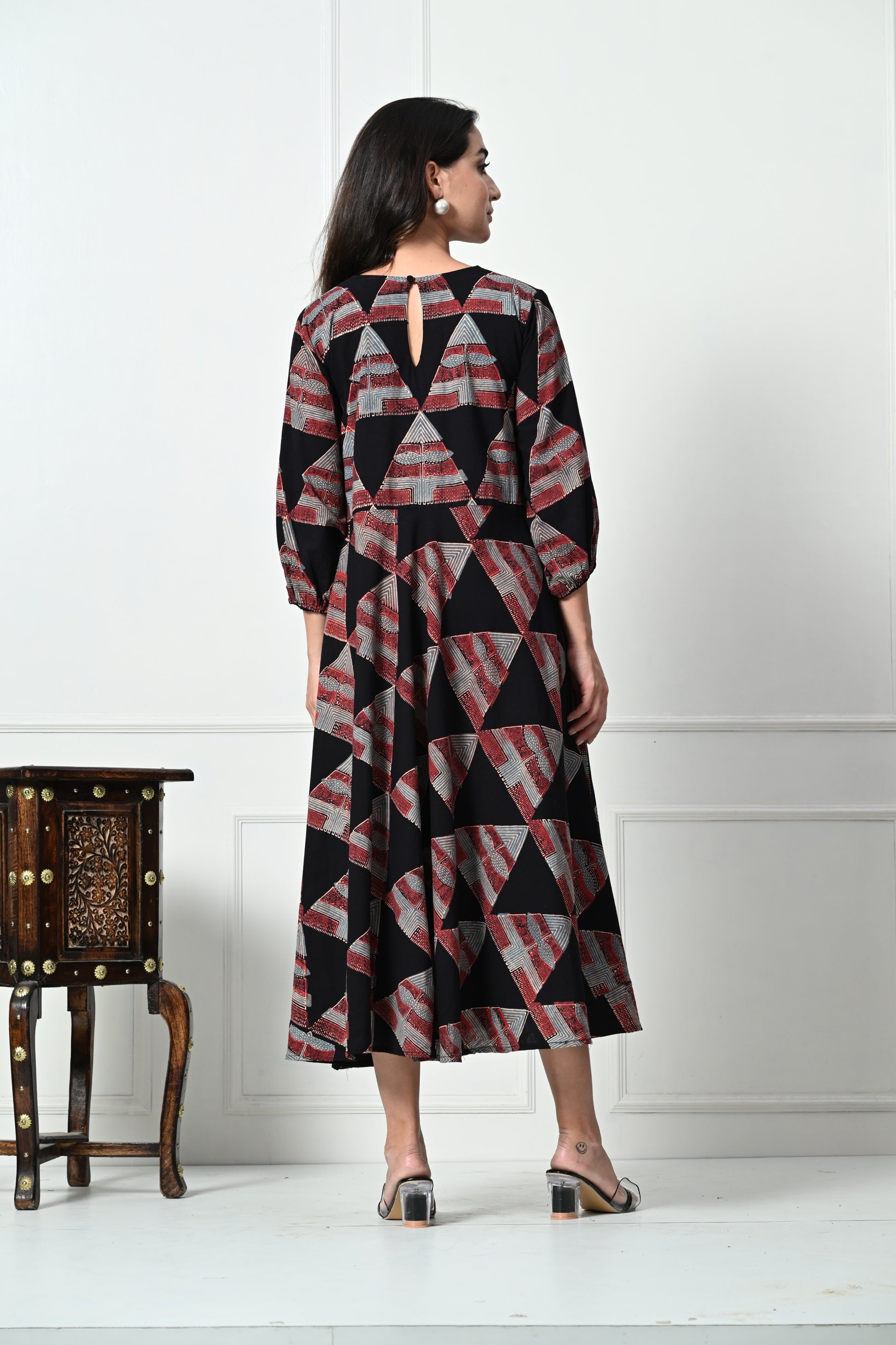 Black Ajrakh Handblock Printed Long Dress