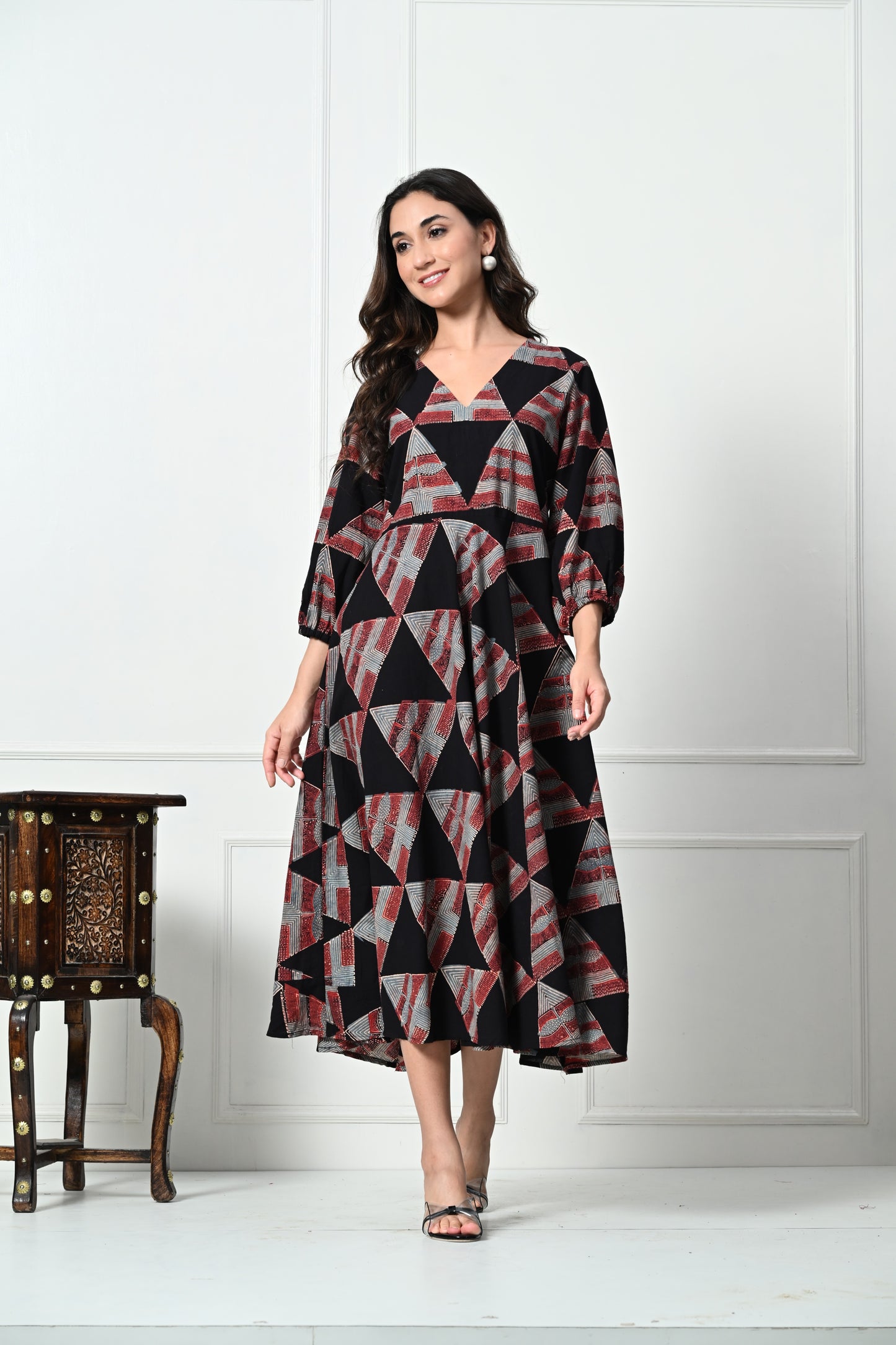 Black Ajrakh Handblock Printed Long Dress