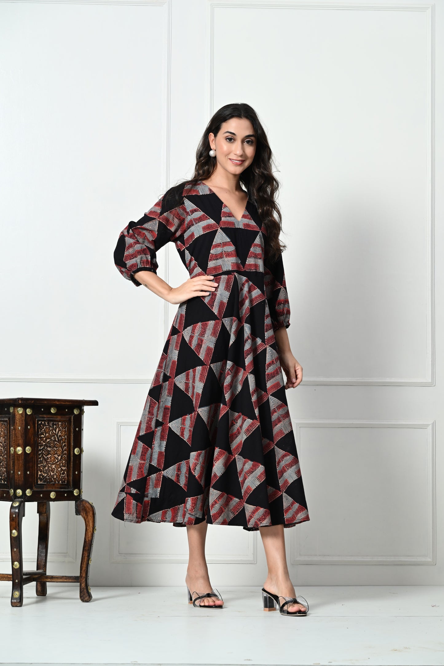 Black Ajrakh Handblock Printed Long Dress