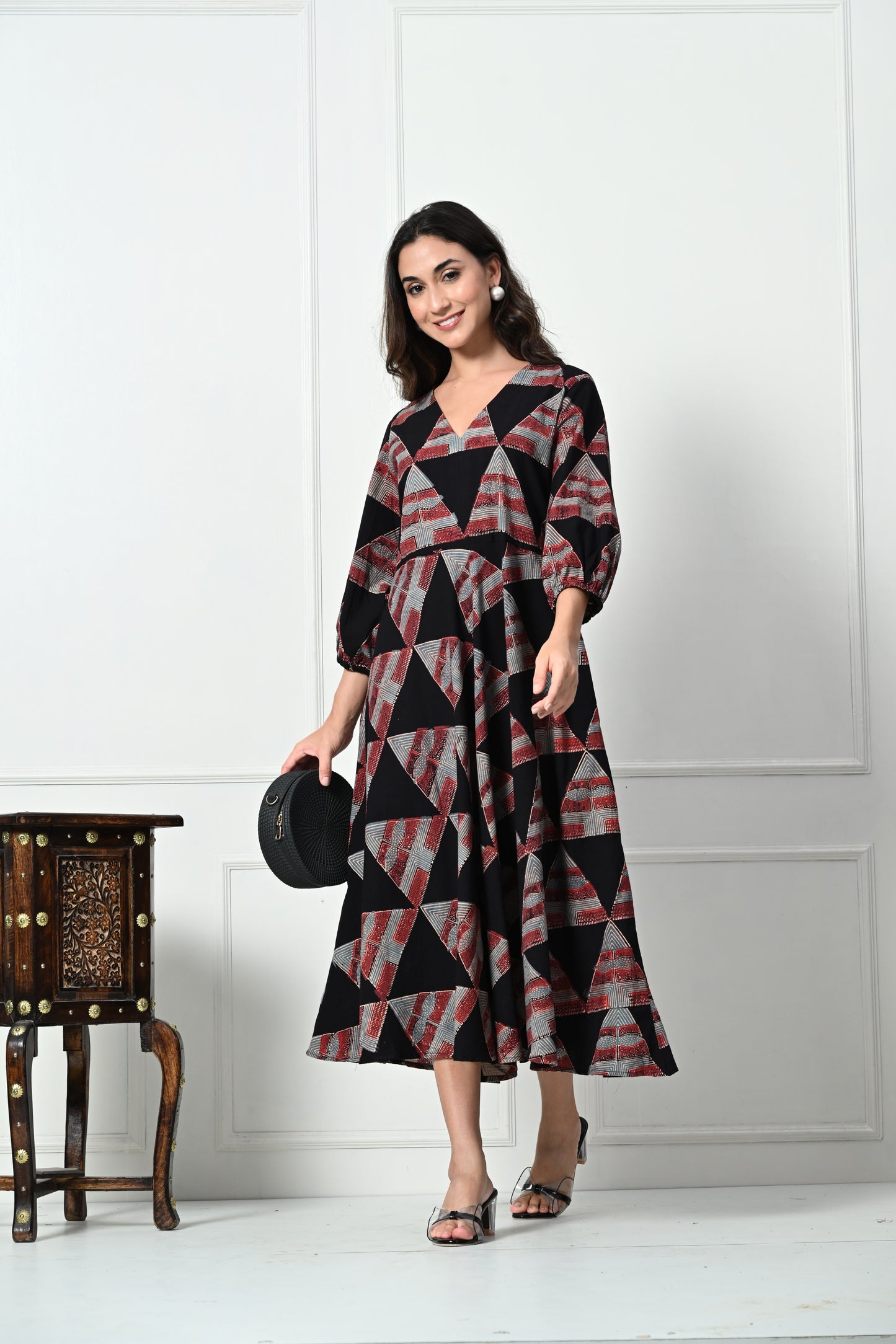 Black Ajrakh Handblock Printed Long Dress