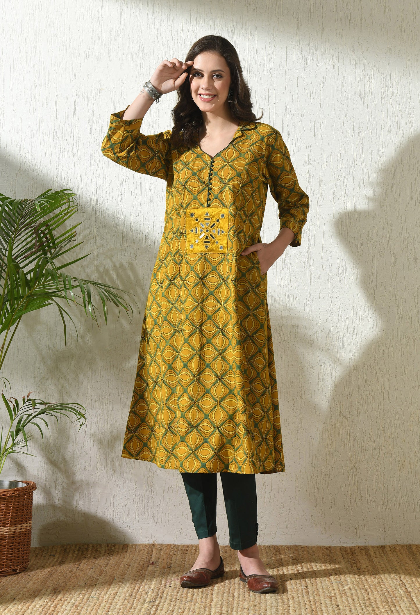 Mustard Ajrakh Hand Block Printed Cotton Kurta