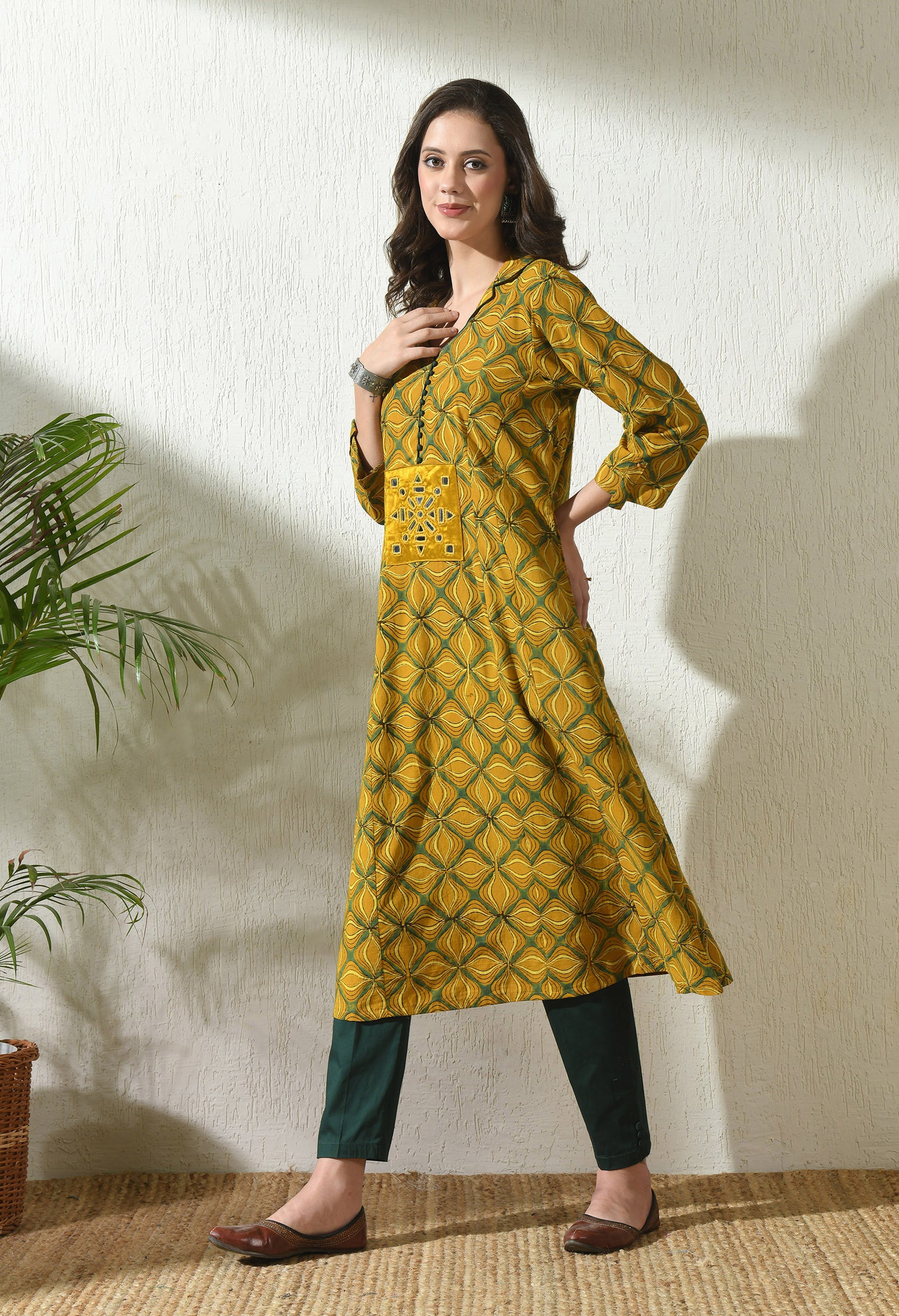 Mustard Ajrakh Hand Block Printed Cotton Kurta