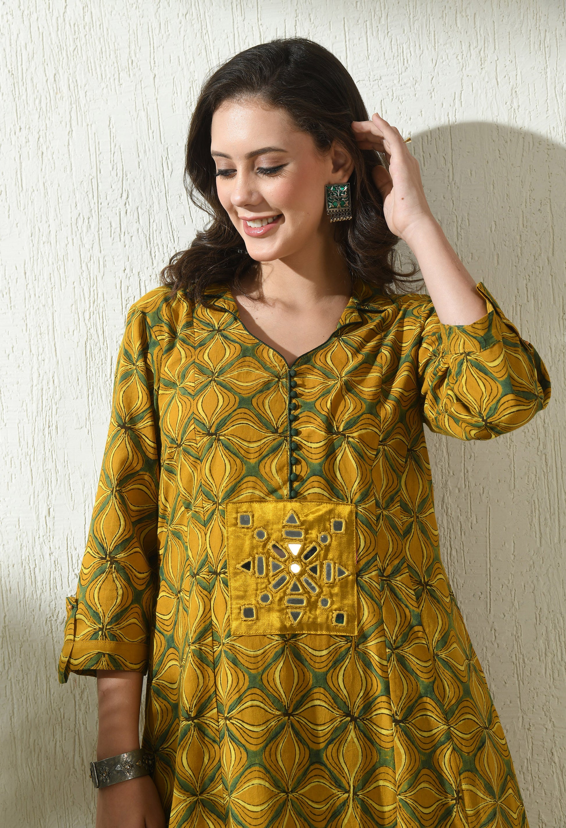 Mustard Ajrakh Hand Block Printed Cotton Kurta