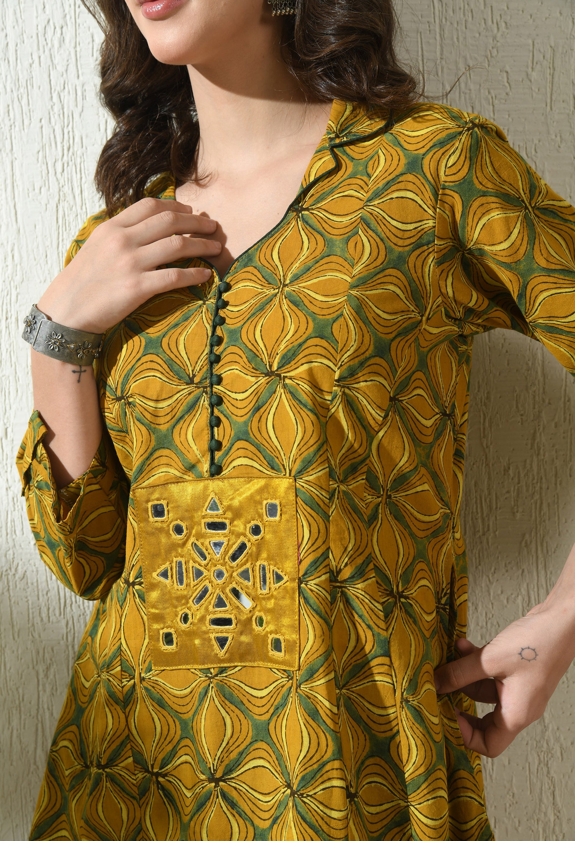 Mustard Ajrakh Hand Block Printed Cotton Kurta