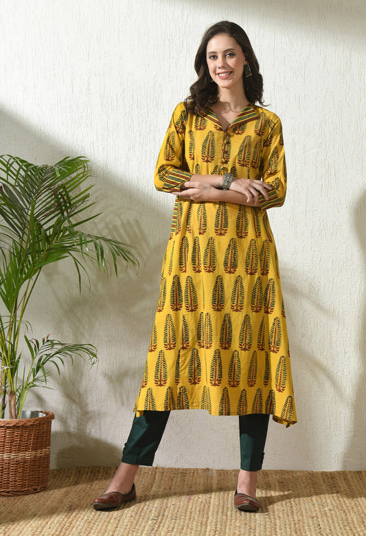 Yellow Ajrakh Hand Block Printed Cotton Kurta