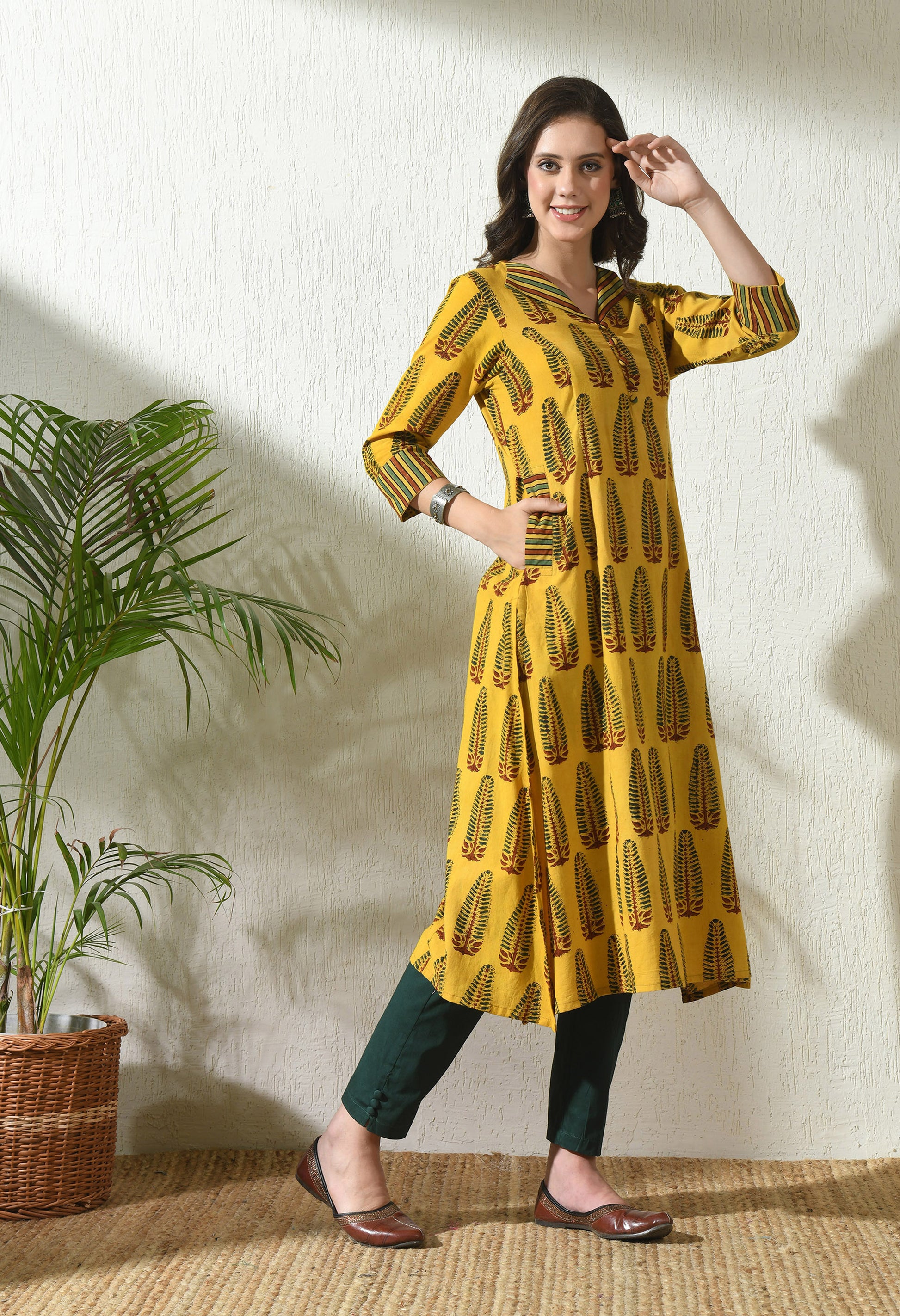 Yellow Ajrakh Hand Block Printed Cotton Kurta