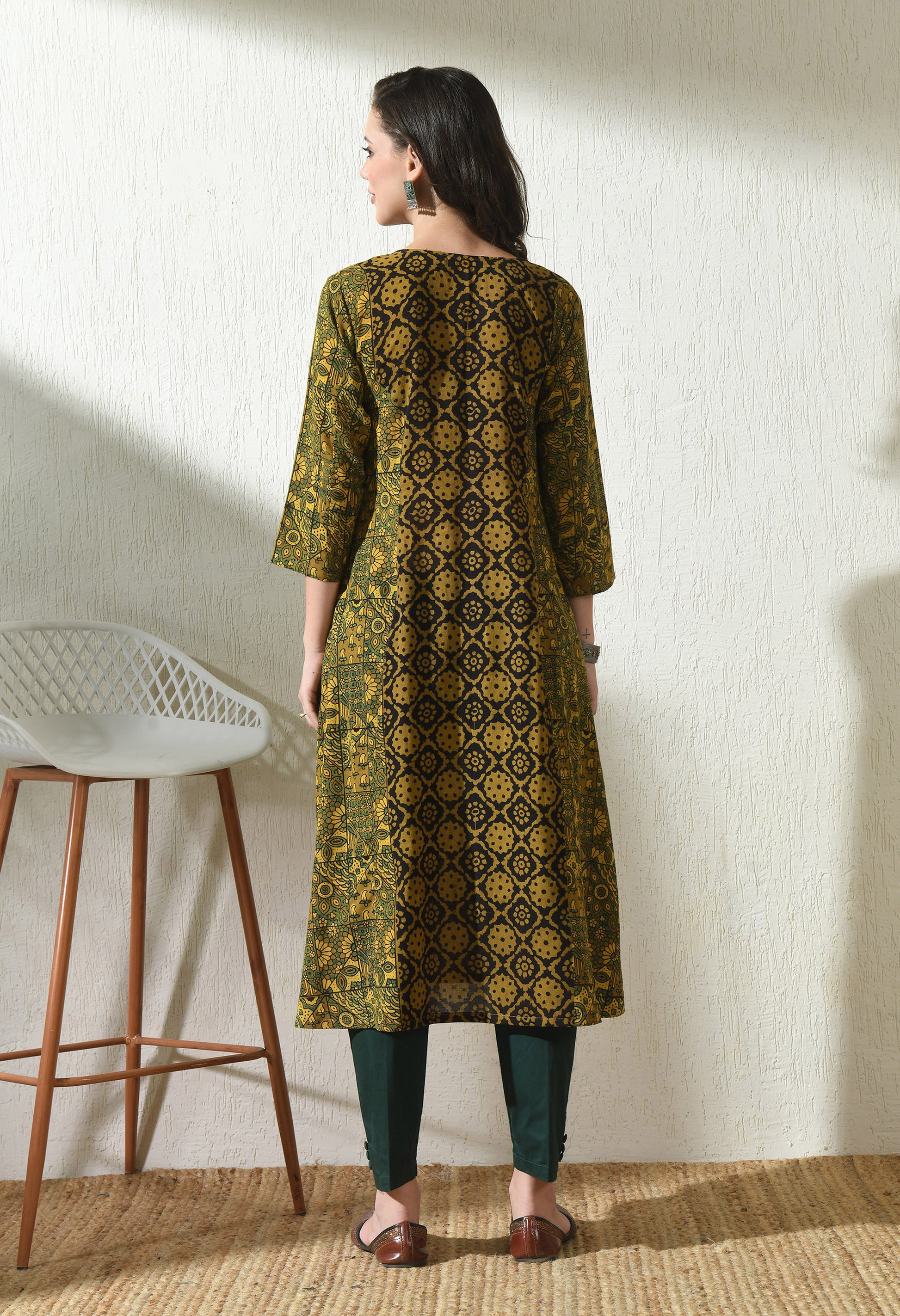 Black and Green Ajrakh Hand Block Printed Cotton Kurta