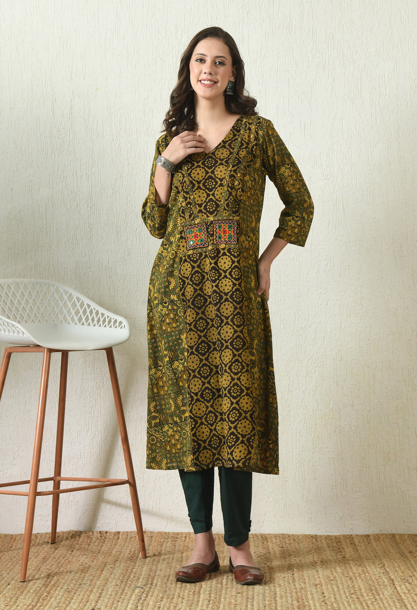 Black and Green Ajrakh Hand Block Printed Cotton Kurta