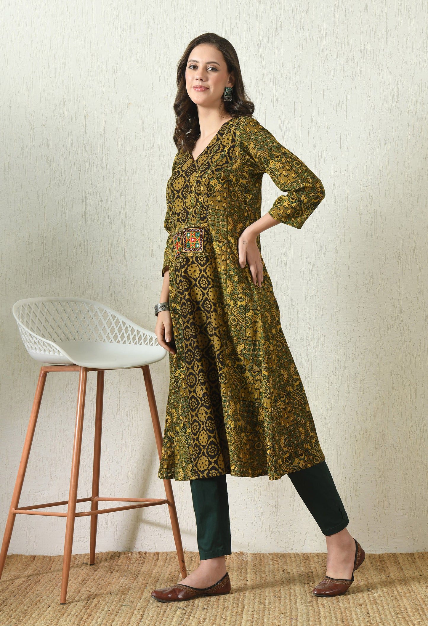 Black and Green Ajrakh Hand Block Printed Cotton Kurta