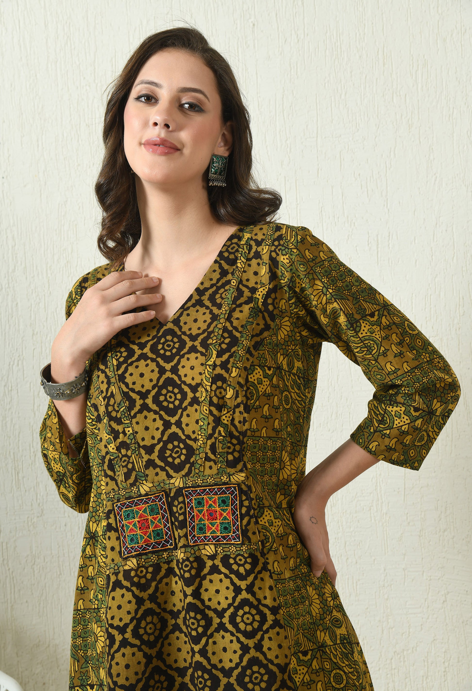 Black and Green Ajrakh Hand Block Printed Cotton Kurta