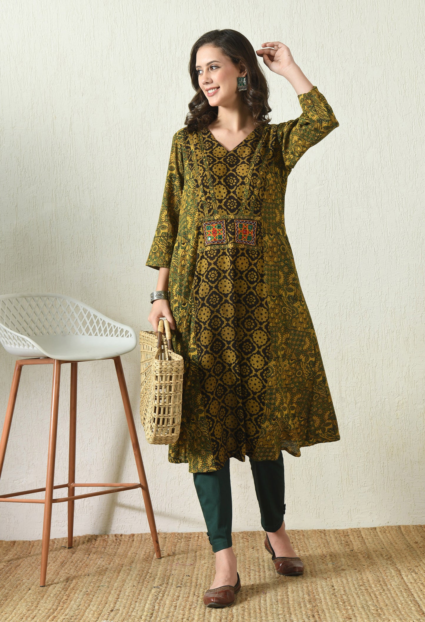 Black and Green Ajrakh Hand Block Printed Cotton Kurta