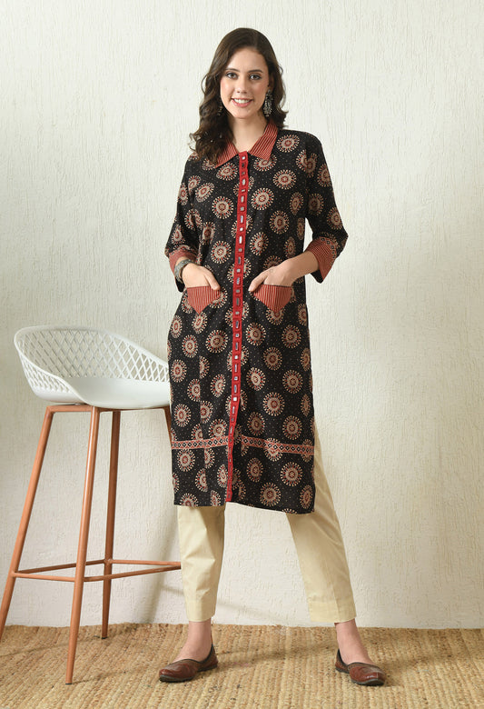 Black and Red Cotton Kurta